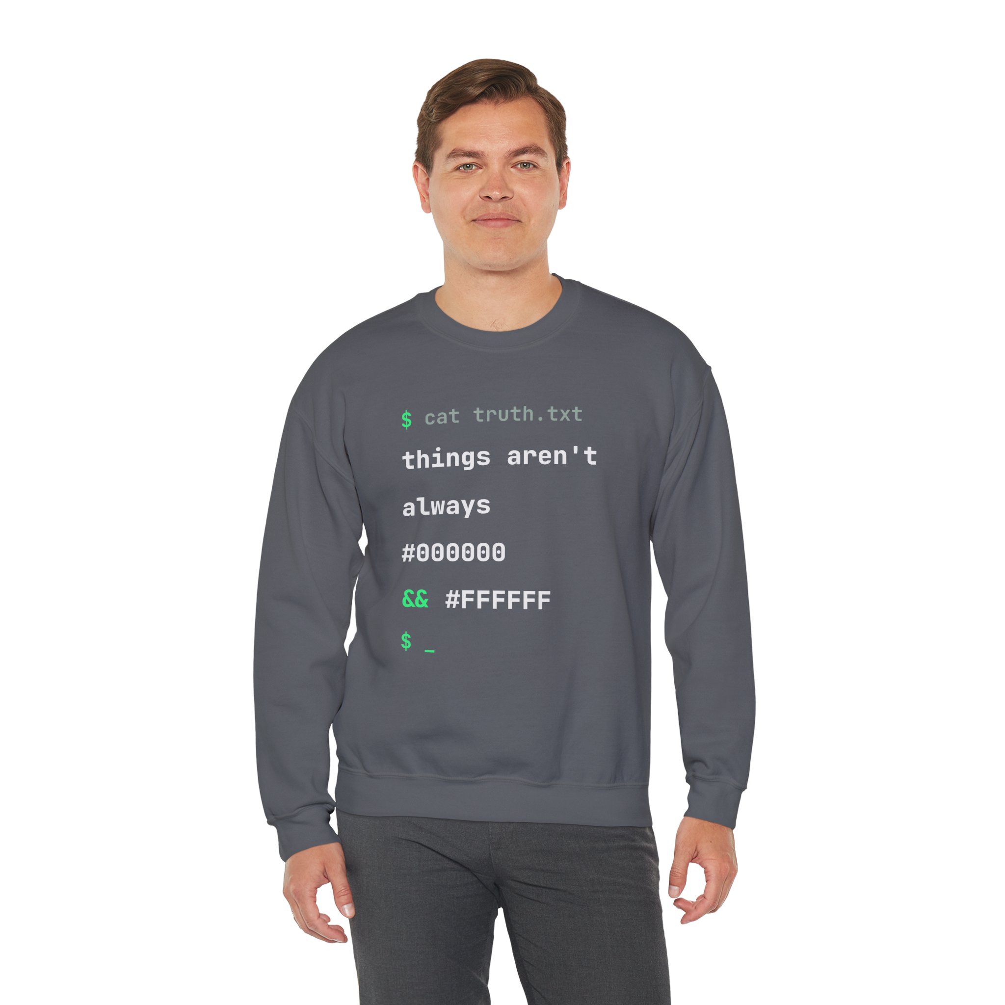 cat truth.txt crewneck sweatshirt in Charcoal, worn by a model, third view