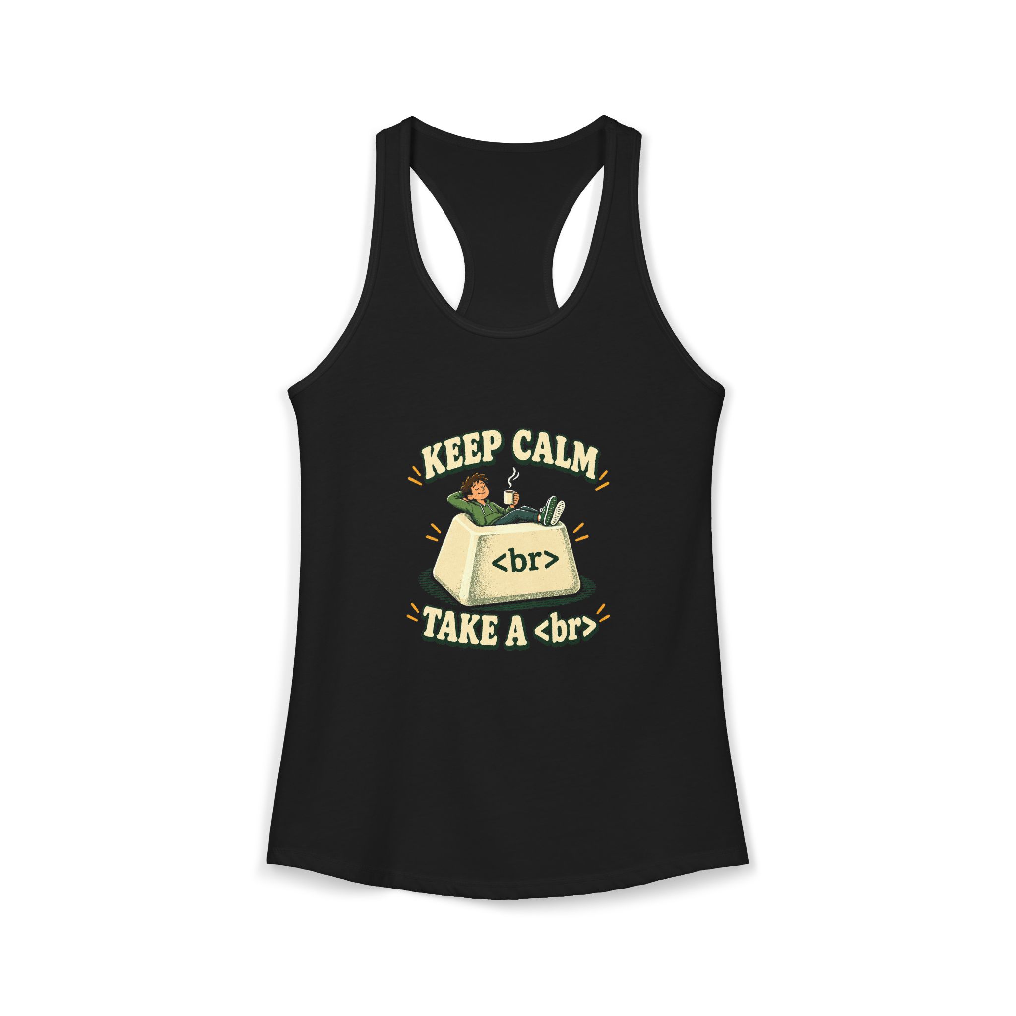 Keep Calm Keycap women's racerback tank in Solid Black, front 2