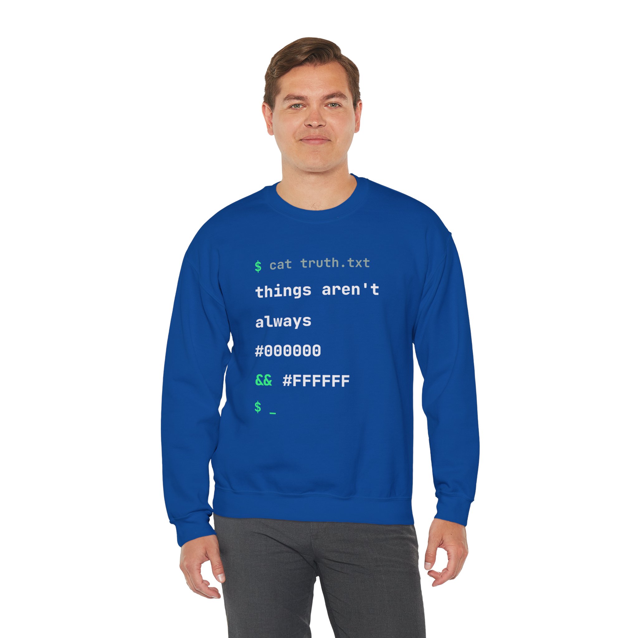 cat truth.txt crewneck sweatshirt in Royal, worn by a model, third view