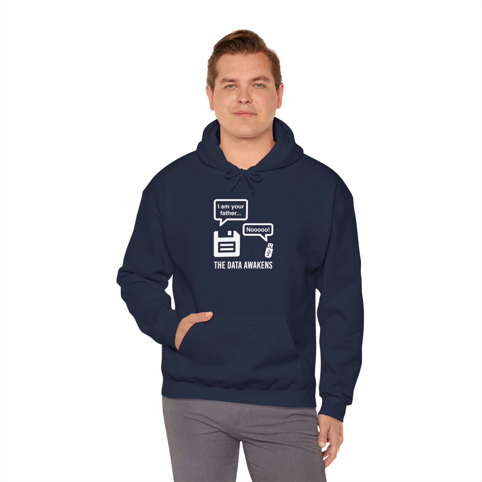 The Data Awakens hoodie in Navy, worn by a model, fourth view