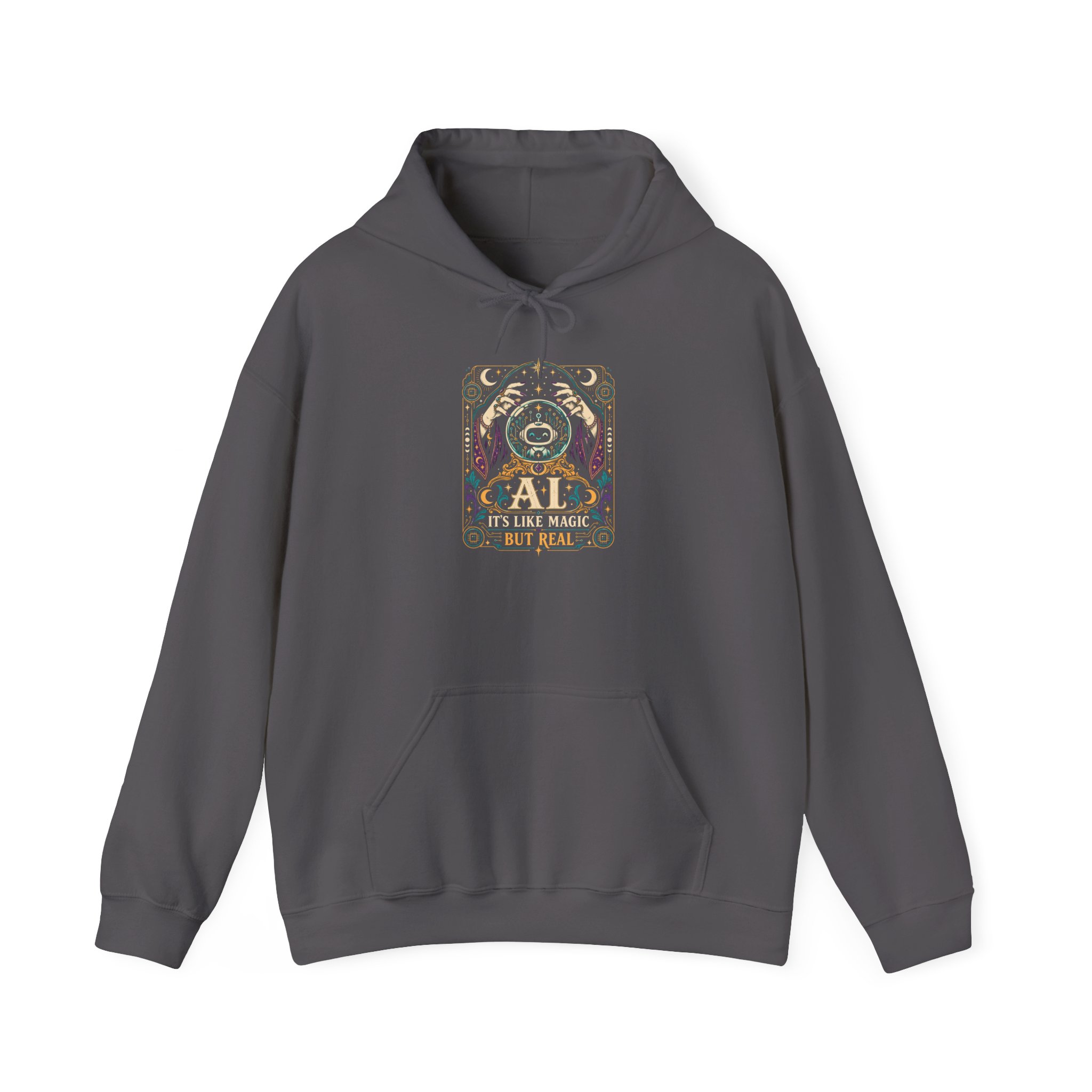 AI Magic Crystal Ball hoodie in Charcoal, front view