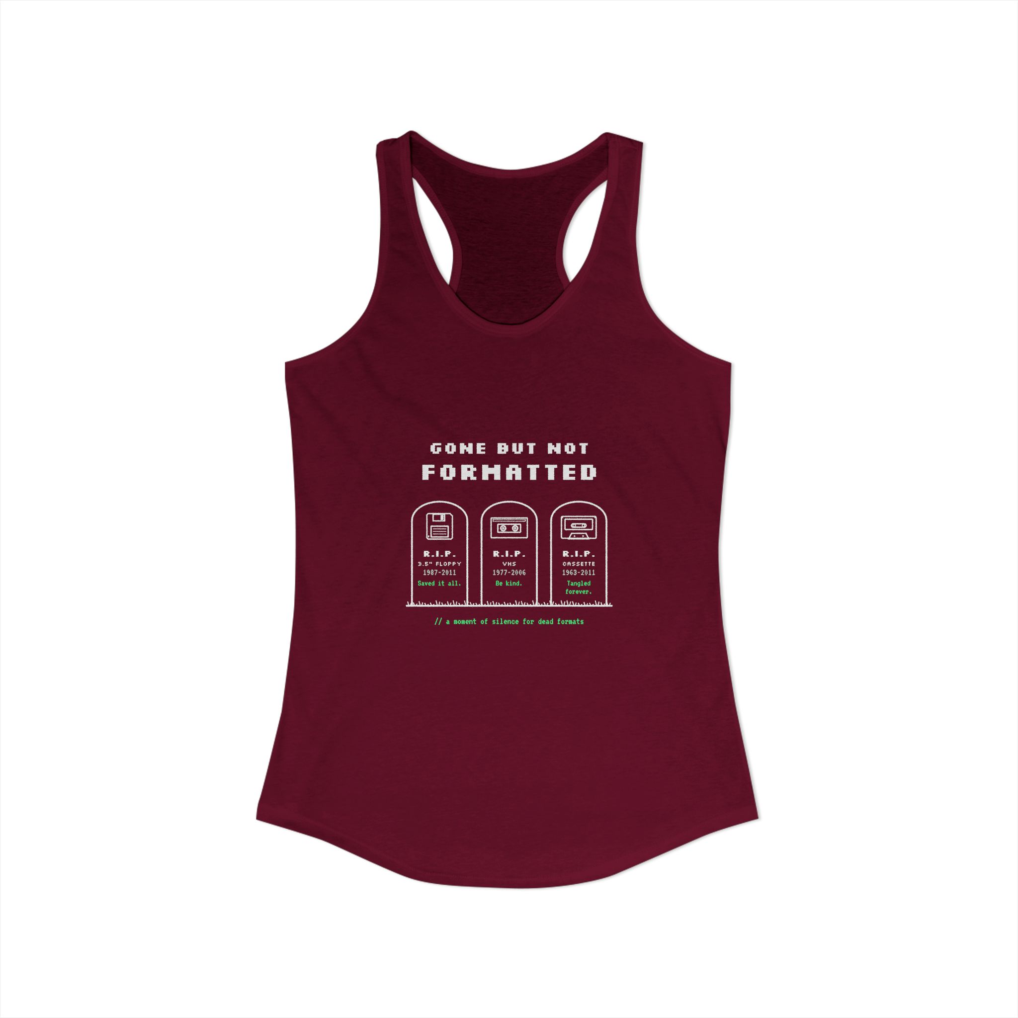 Gone But Not Formatted women's racerback tank in Solid Cardinal Red, front view