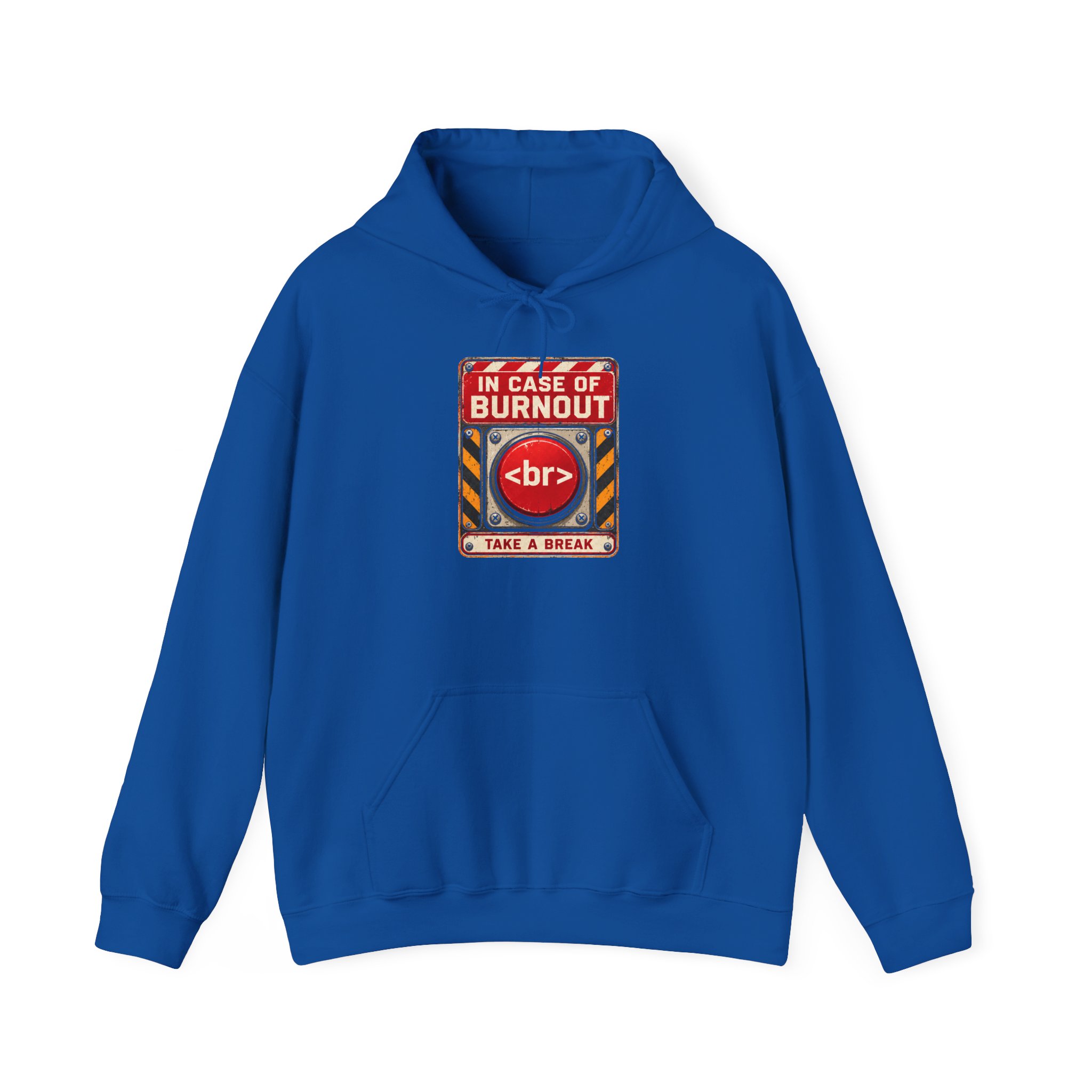 In Case of Burnout hoodie in Royal, front view