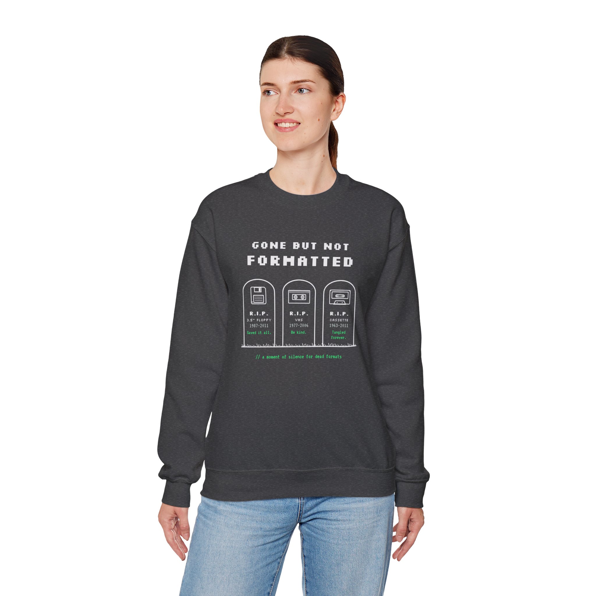 Gone But Not Formatted crewneck sweatshirt in Dark Heather, worn by a model, fourth view