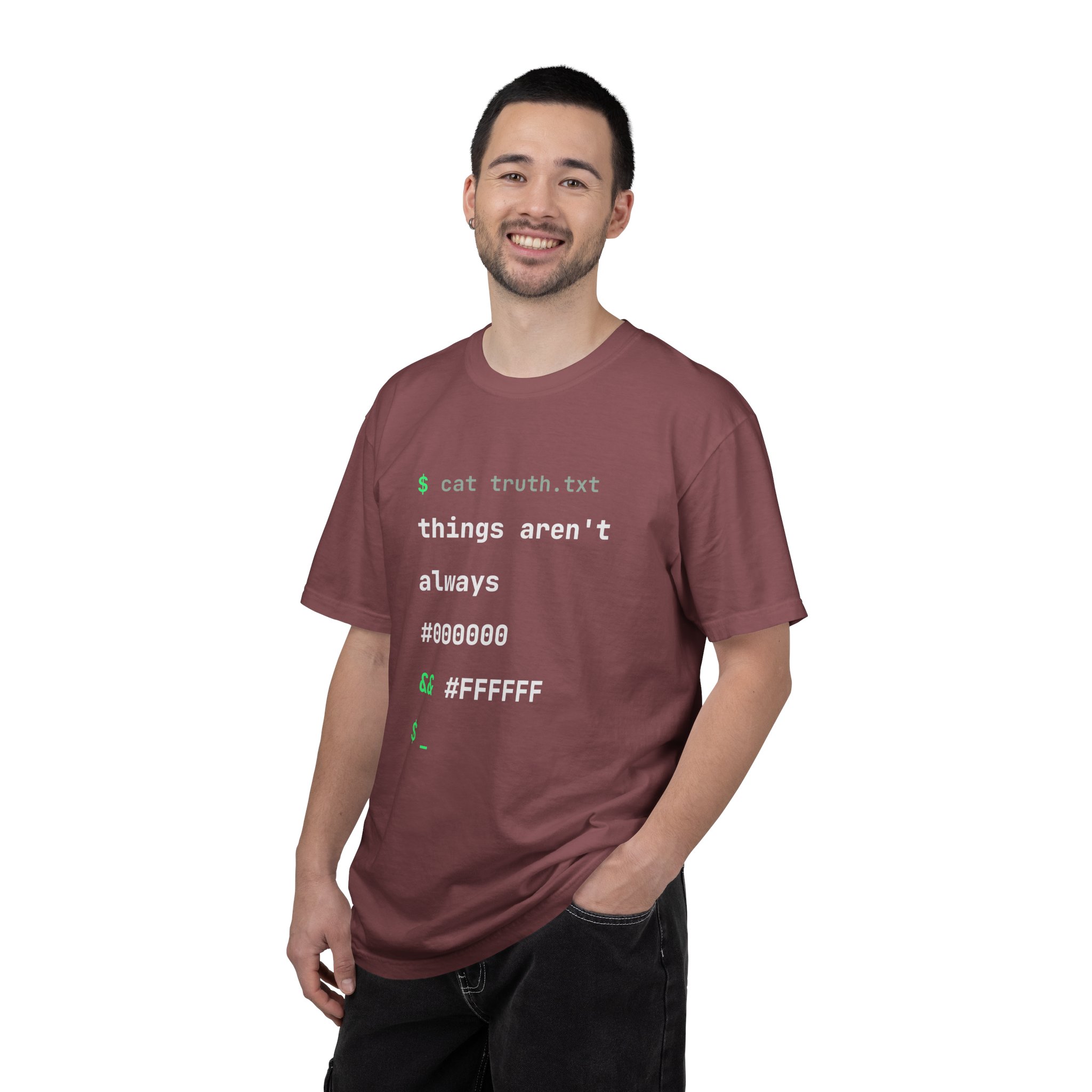 cat truth.txt T-shirt in Brick, worn by a man