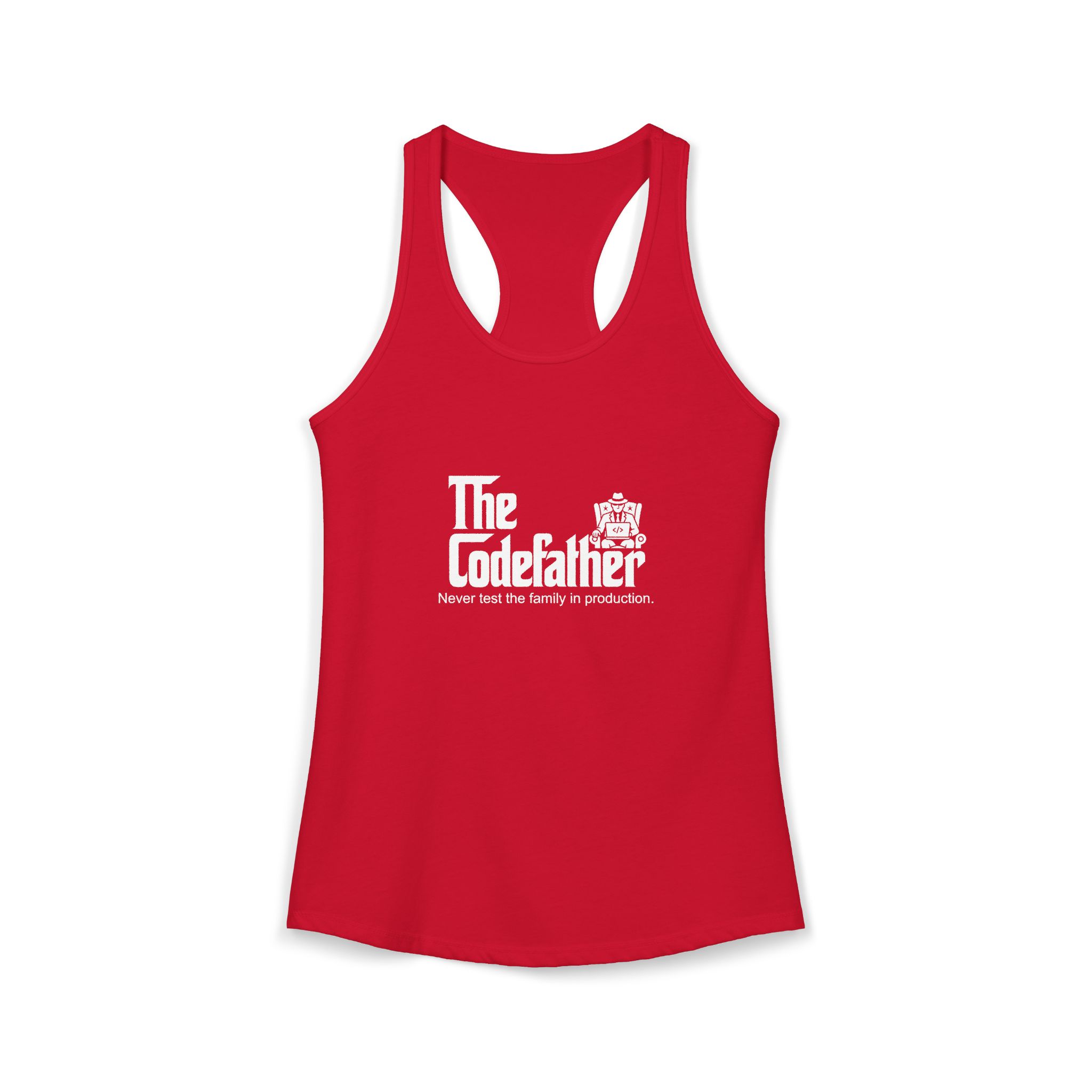 The Codefather women's racerback tank in Solid Red, front 2
