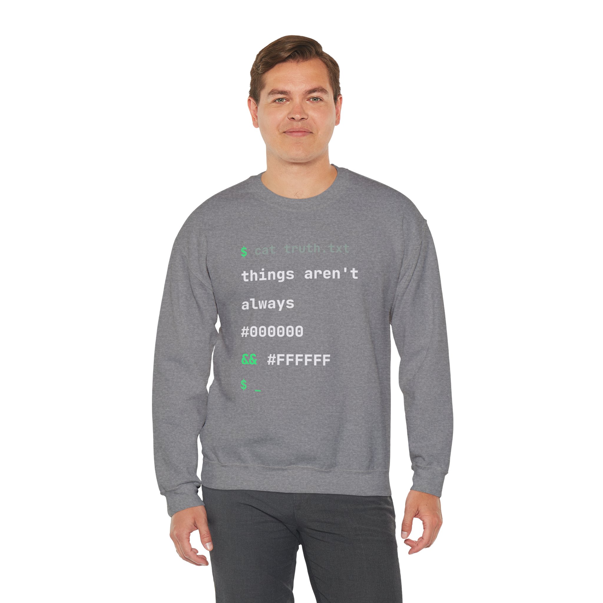 cat truth.txt crewneck sweatshirt in Graphite Heather, worn by a model, third view
