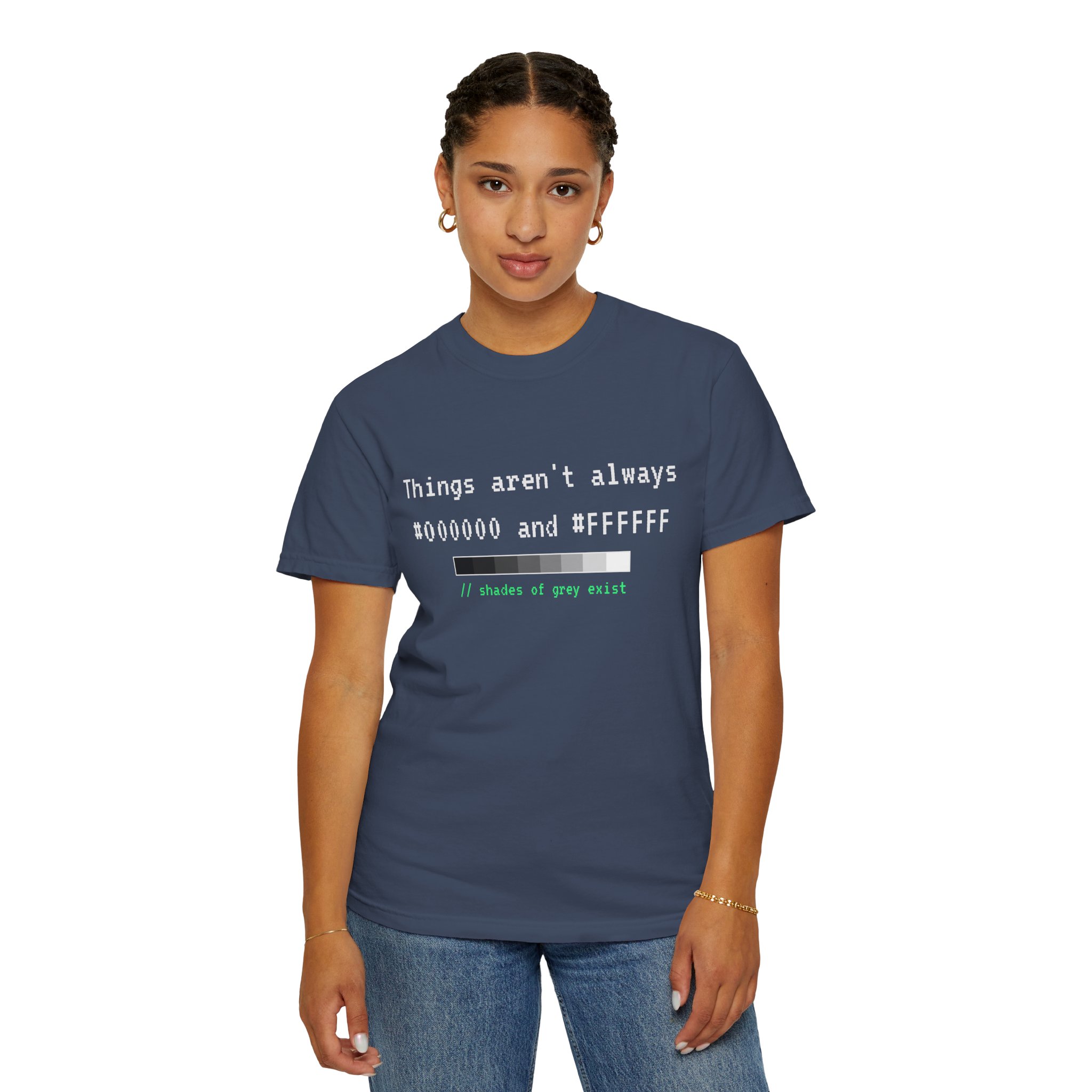 Shades of Grey Exist T-shirt in Midnight, worn by a woman, second model