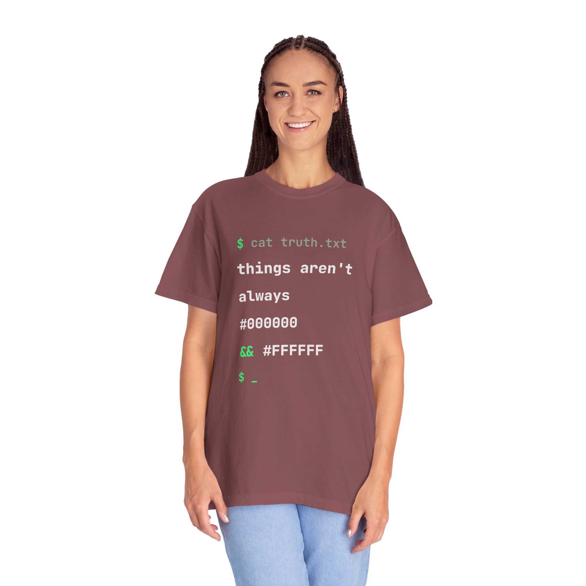 cat truth.txt T-shirt in Brick, worn by a woman