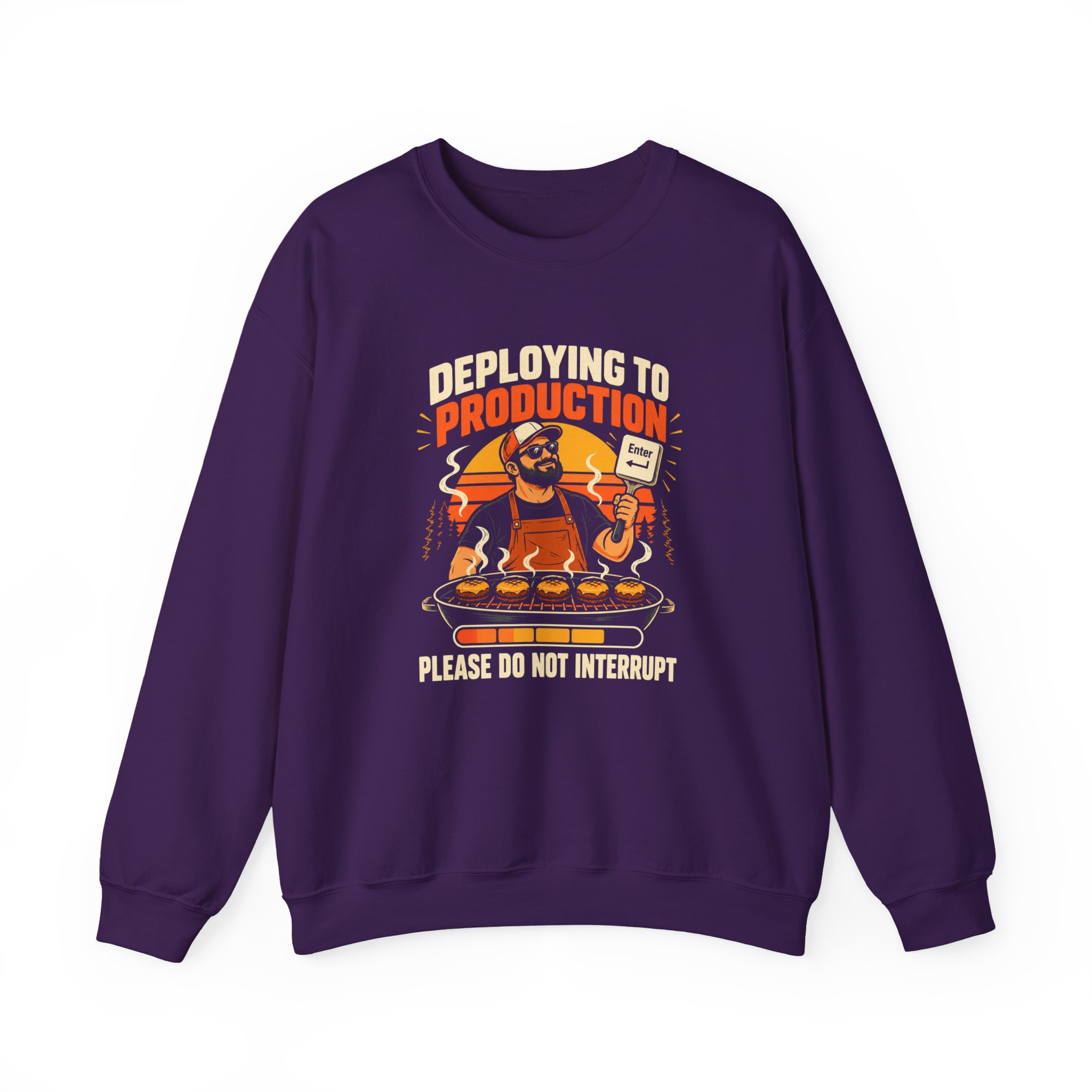 Deploying to Production crewneck sweatshirt in Purple, front view