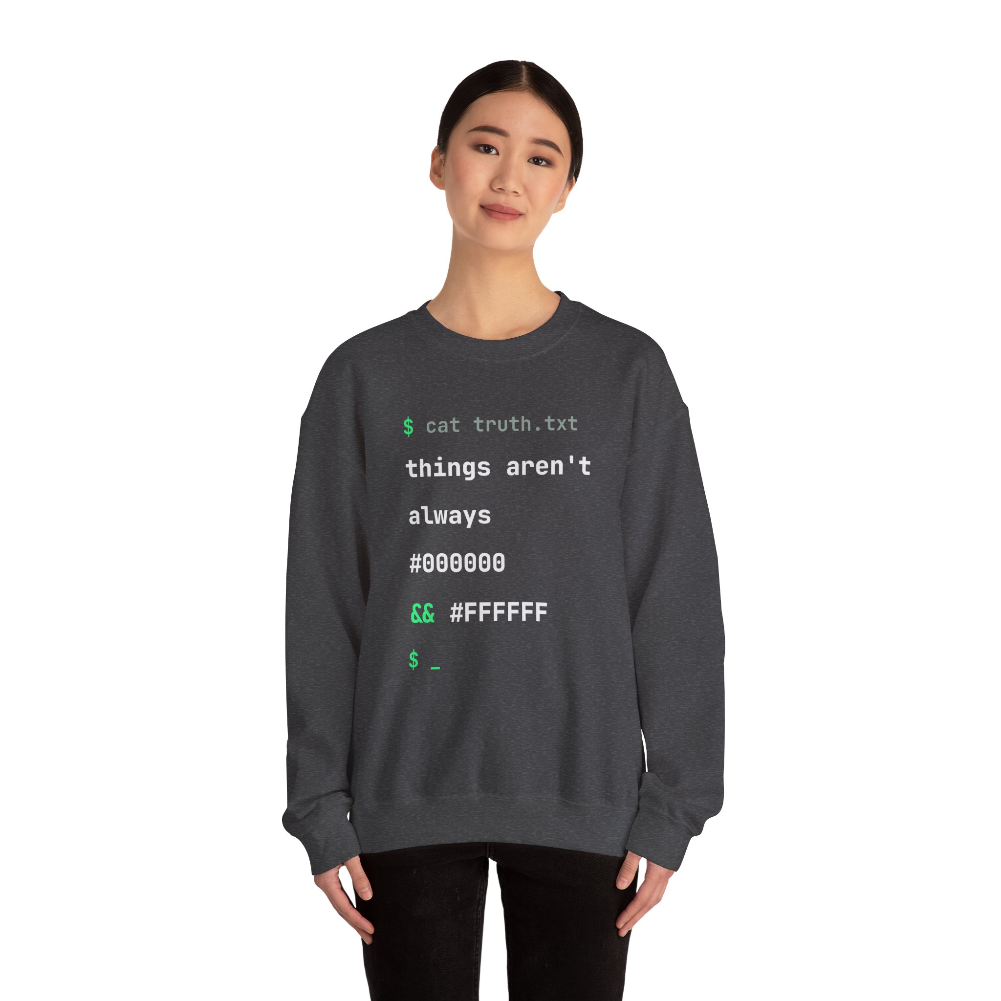 cat truth.txt crewneck sweatshirt in Dark Heather, worn by a model