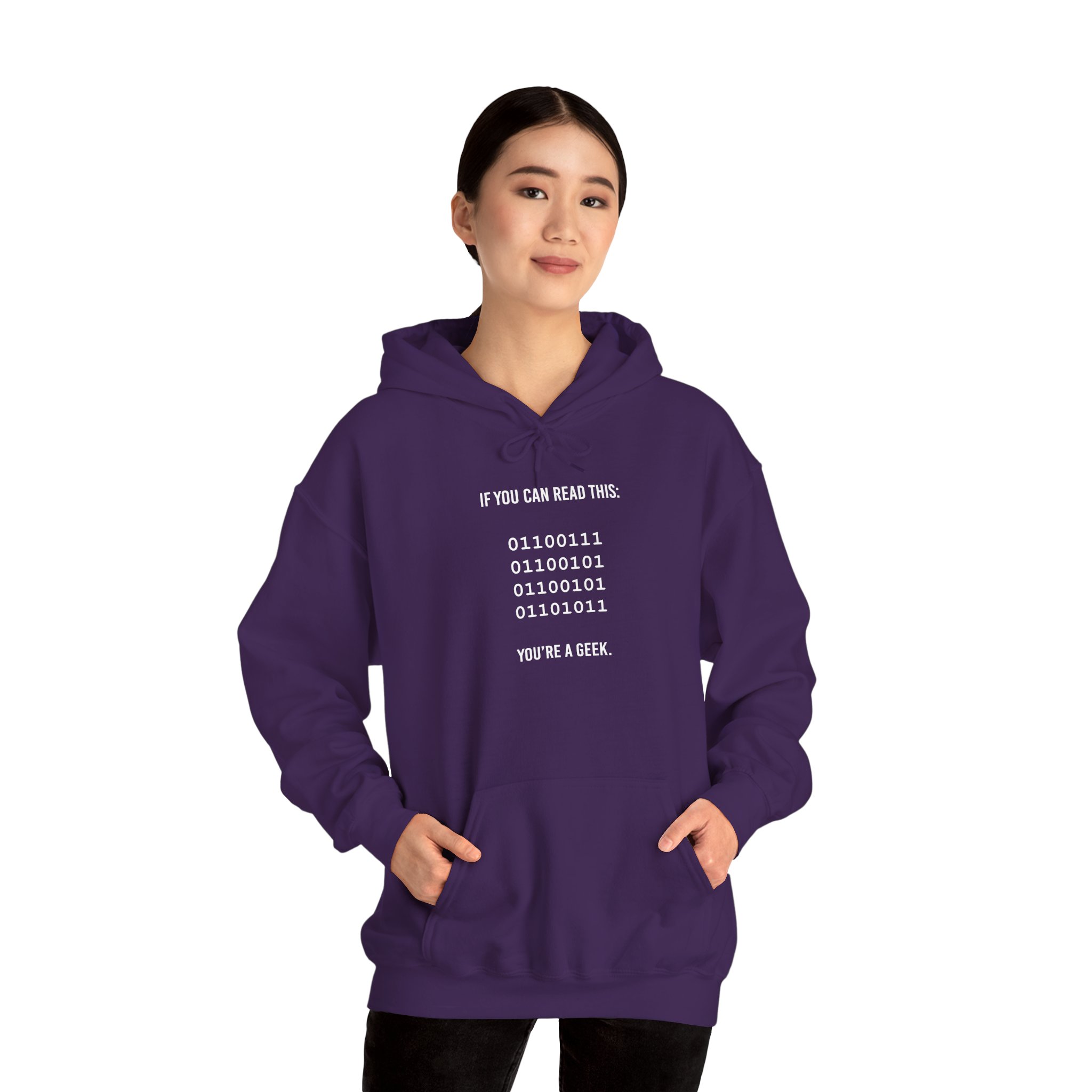 Geek Binary Code hoodie in Purple, worn by a model