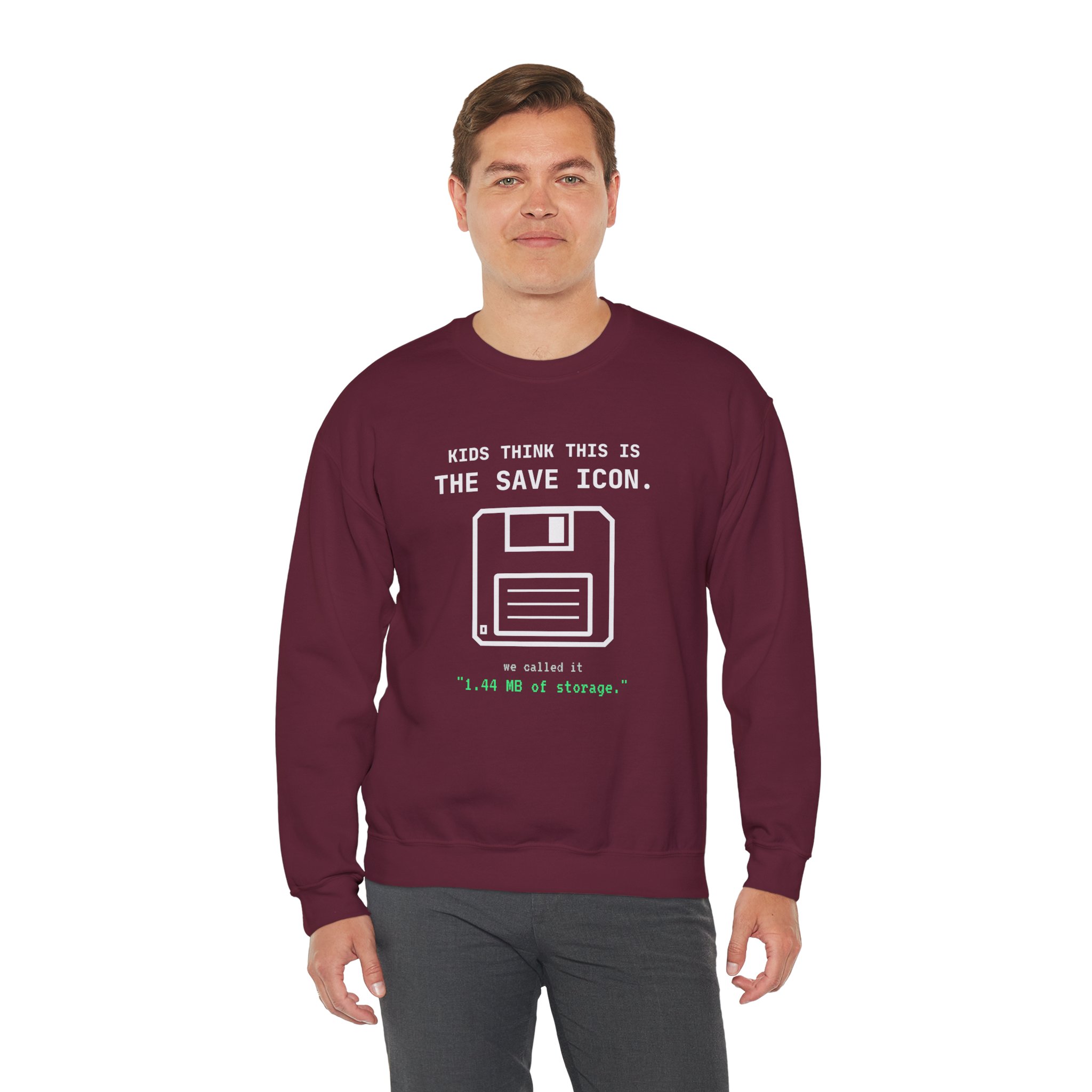 The Original Save Icon crewneck sweatshirt in Maroon, worn by a model, third view