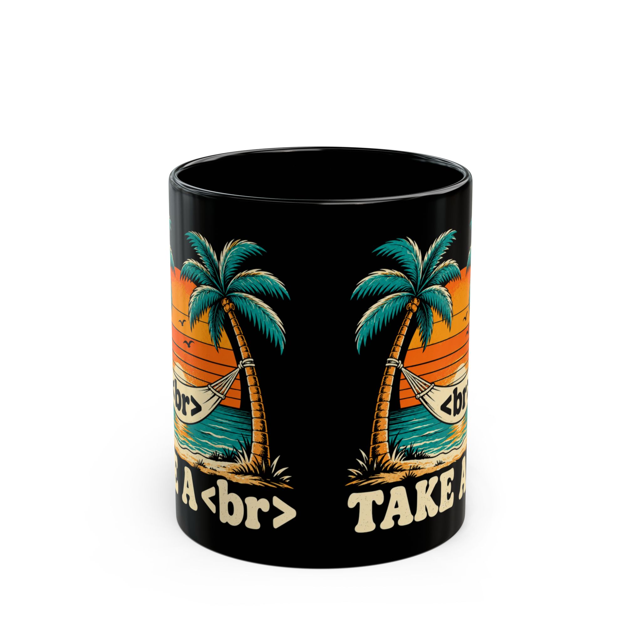 Take a Break Hammock black mug, 11 oz, front view