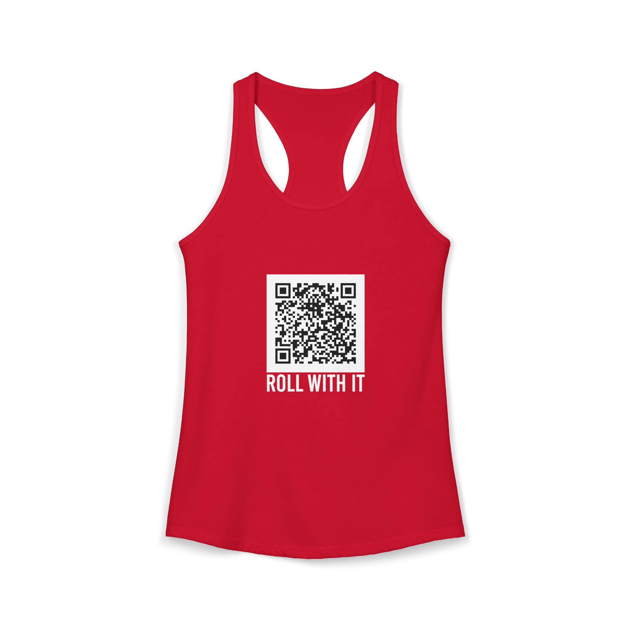 Roll With It QR Code women's racerback tank in Solid Red, front 2