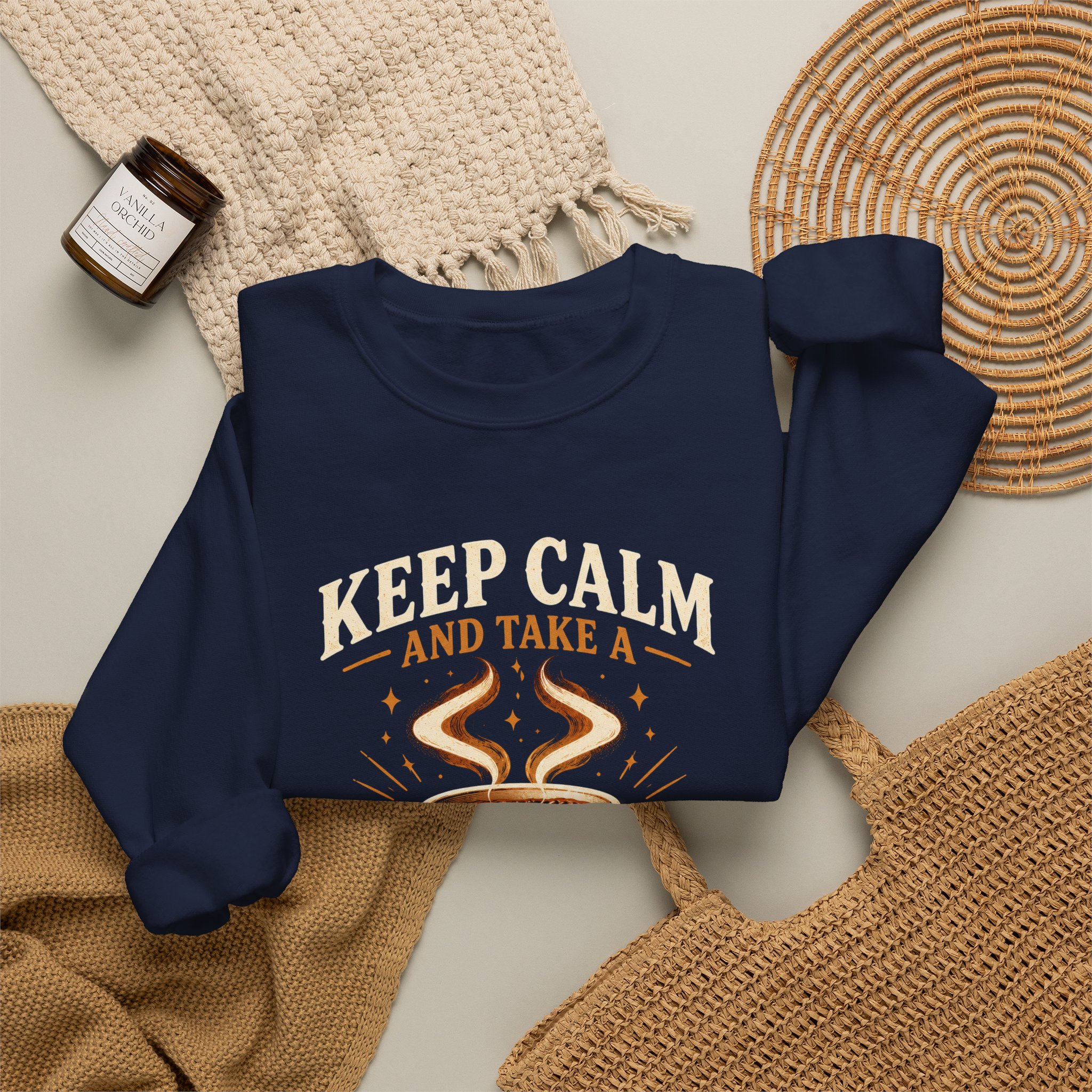 Keep Calm Coffee Break crewneck sweatshirt in Navy, folded 2