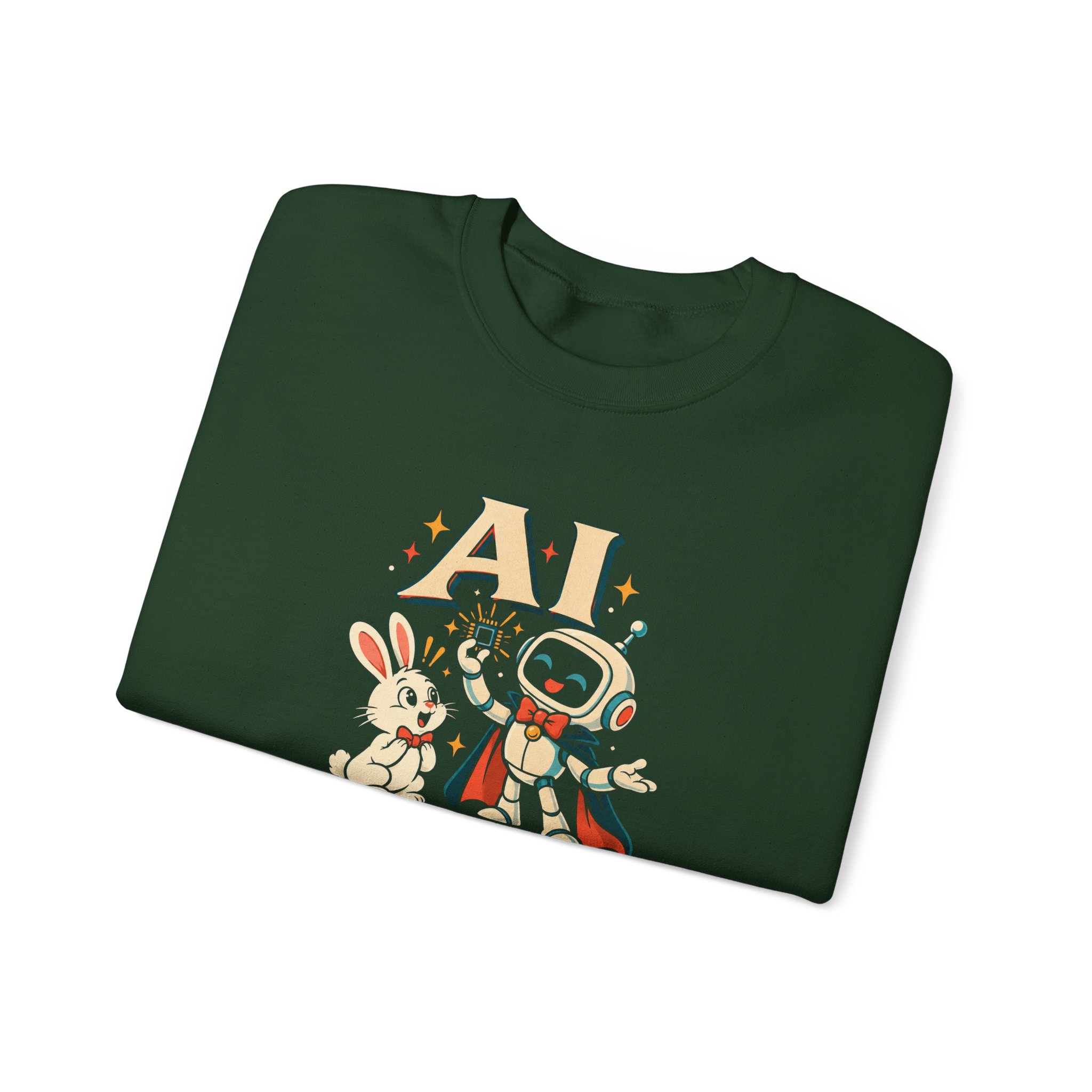 AI Magic Bunny crewneck sweatshirt in Forest Green, folded