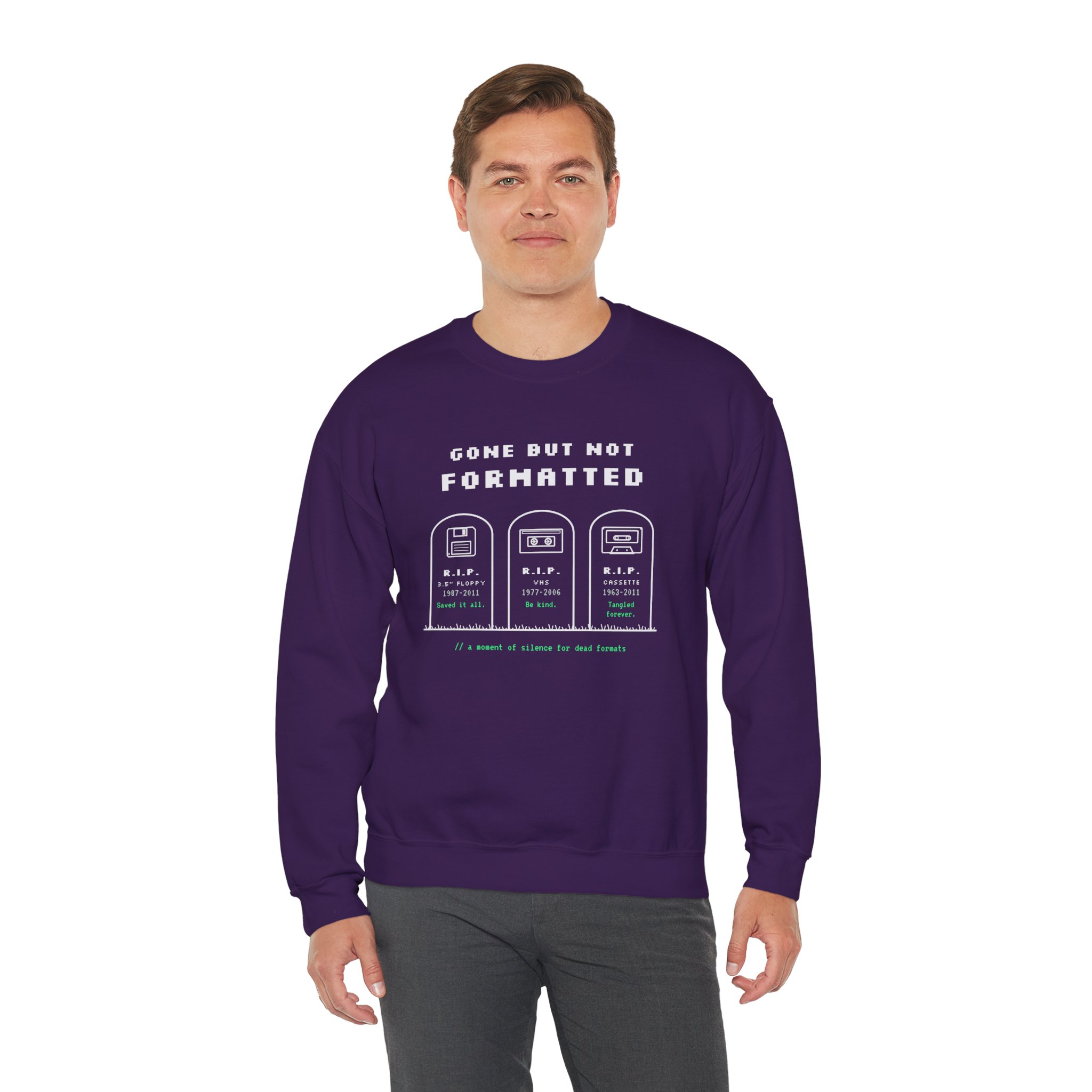 Gone But Not Formatted crewneck sweatshirt in Purple, worn by a model, third view