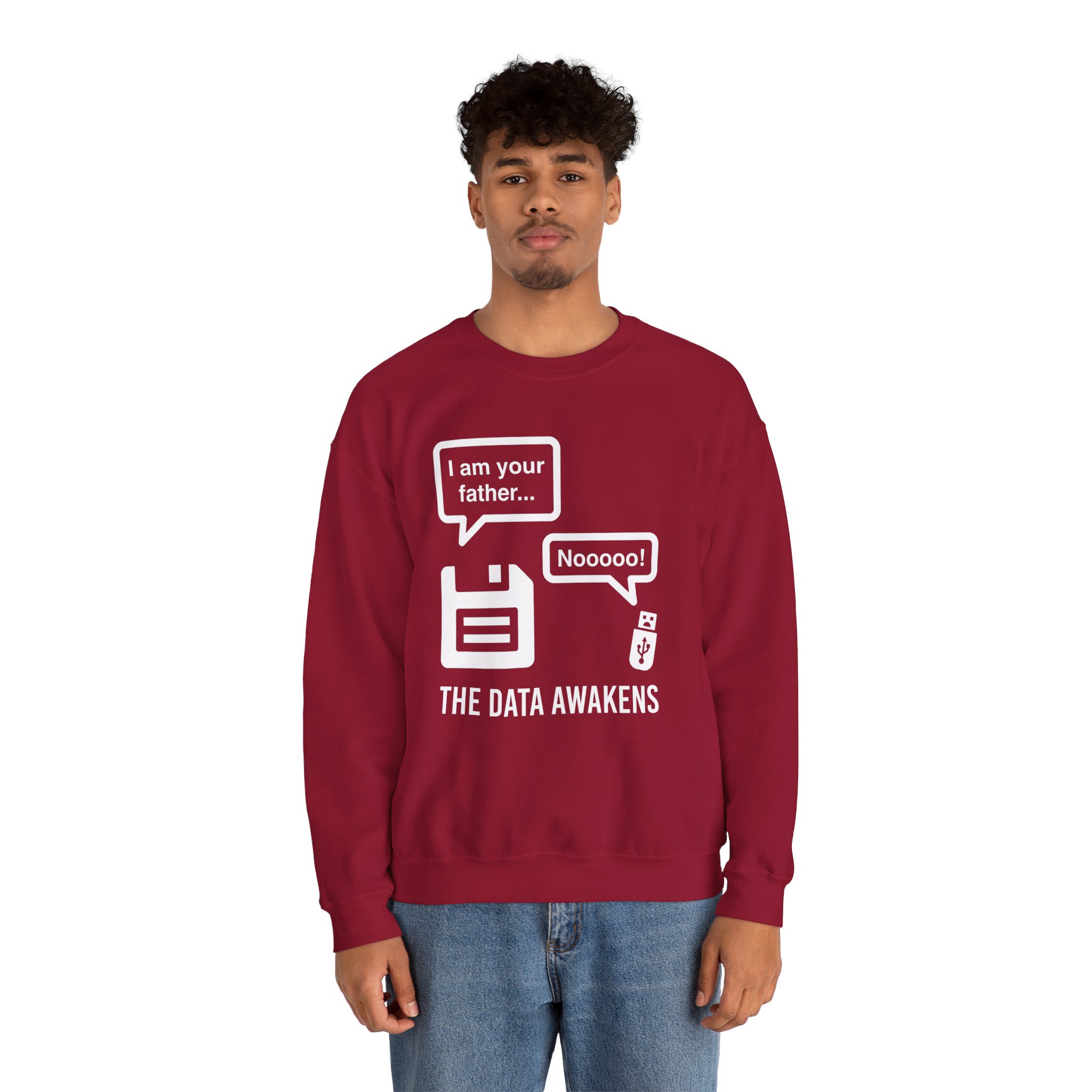The Data Awakens crewneck sweatshirt in Cardinal Red, worn by a model, second view