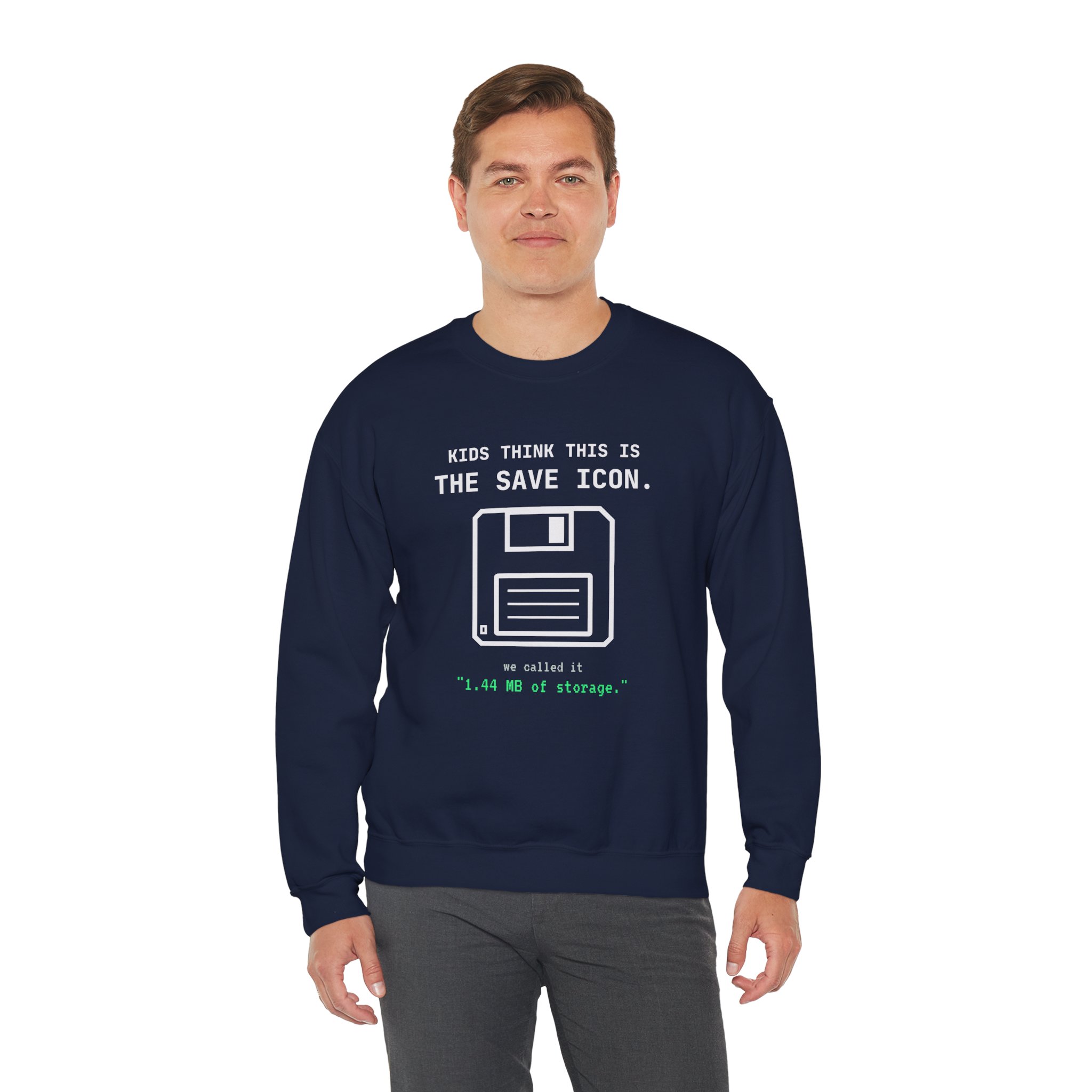 The Original Save Icon crewneck sweatshirt in Navy, worn by a model, third view