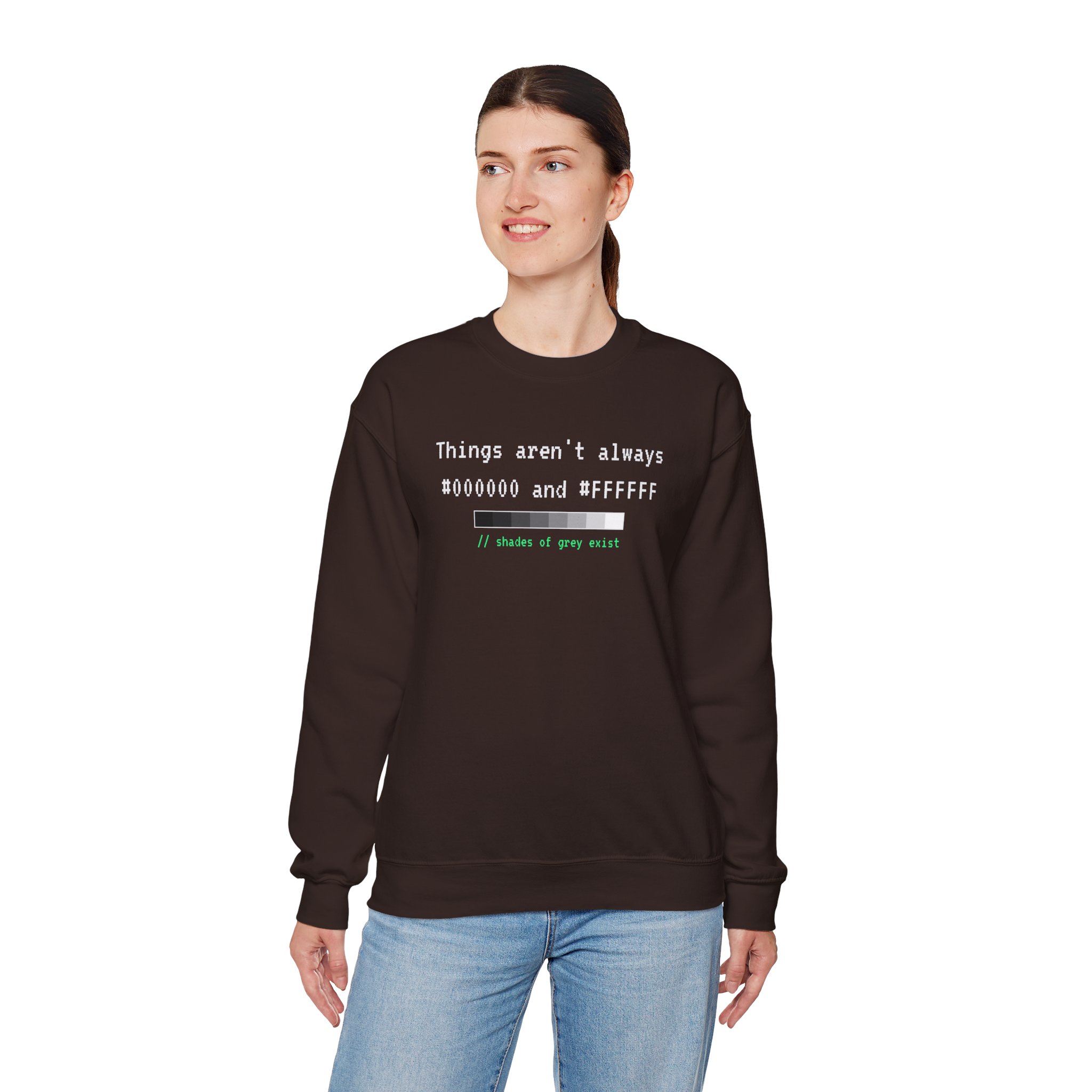 Shades of Grey Exist crewneck sweatshirt in Dark Chocolate, worn by a model, fourth view
