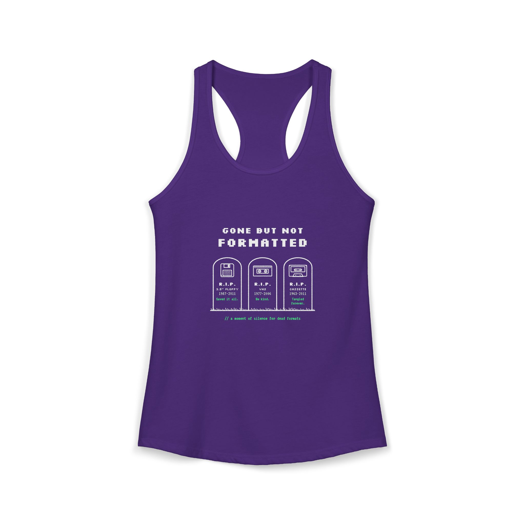 Gone But Not Formatted women's racerback tank in Solid Purple Rush, front 2