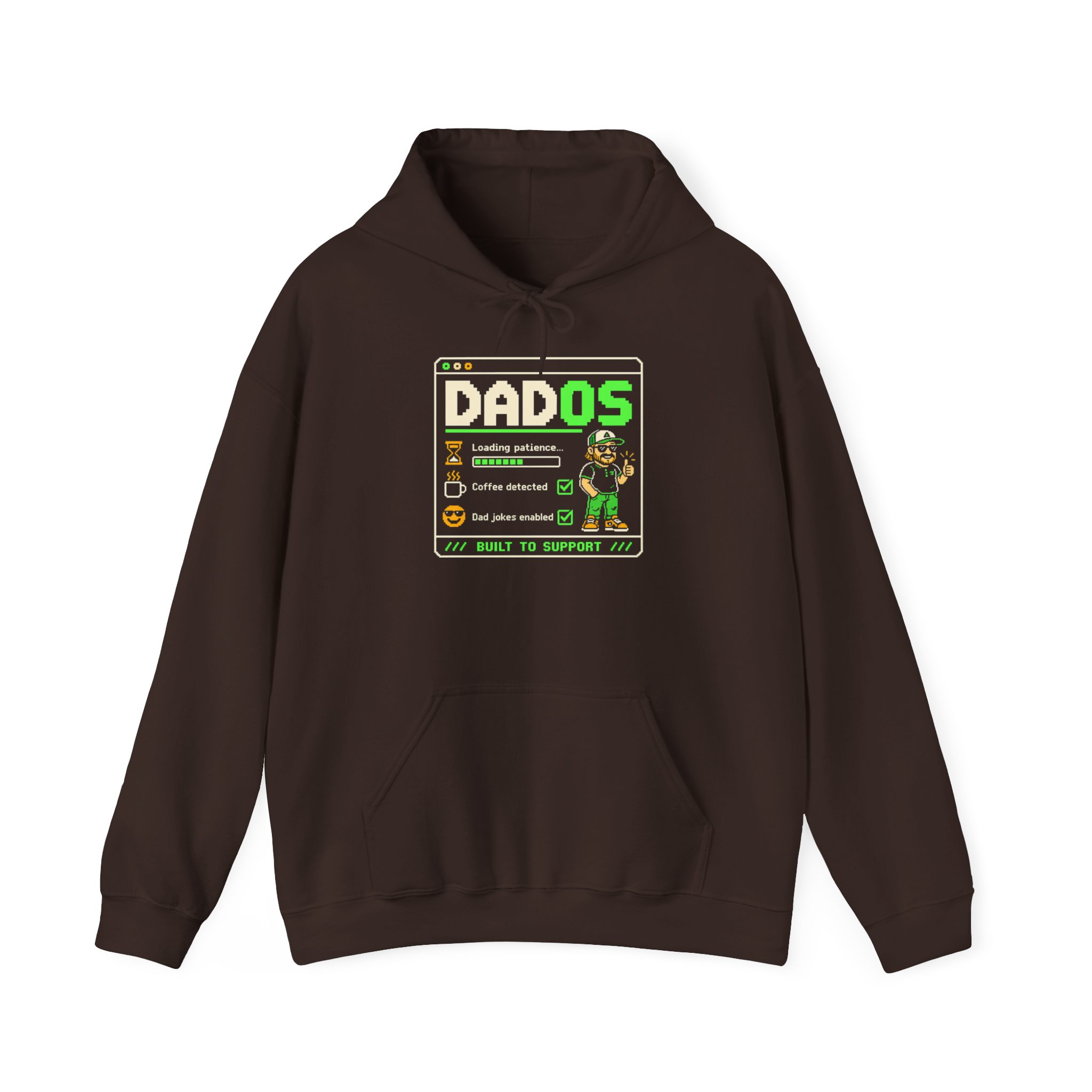 DadOS hoodie in Dark Chocolate, front view
