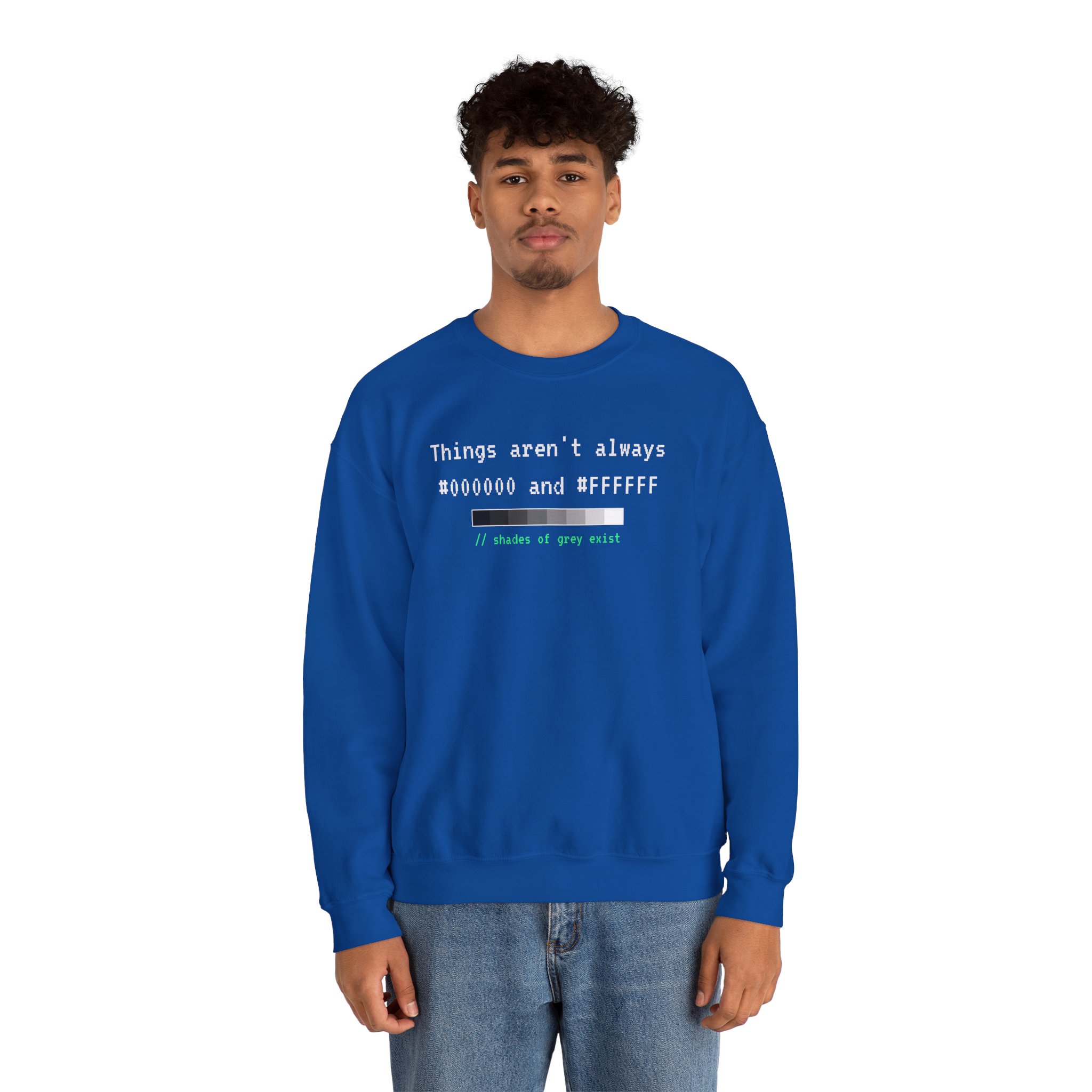 Shades of Grey Exist crewneck sweatshirt in Royal, worn by a model, second view