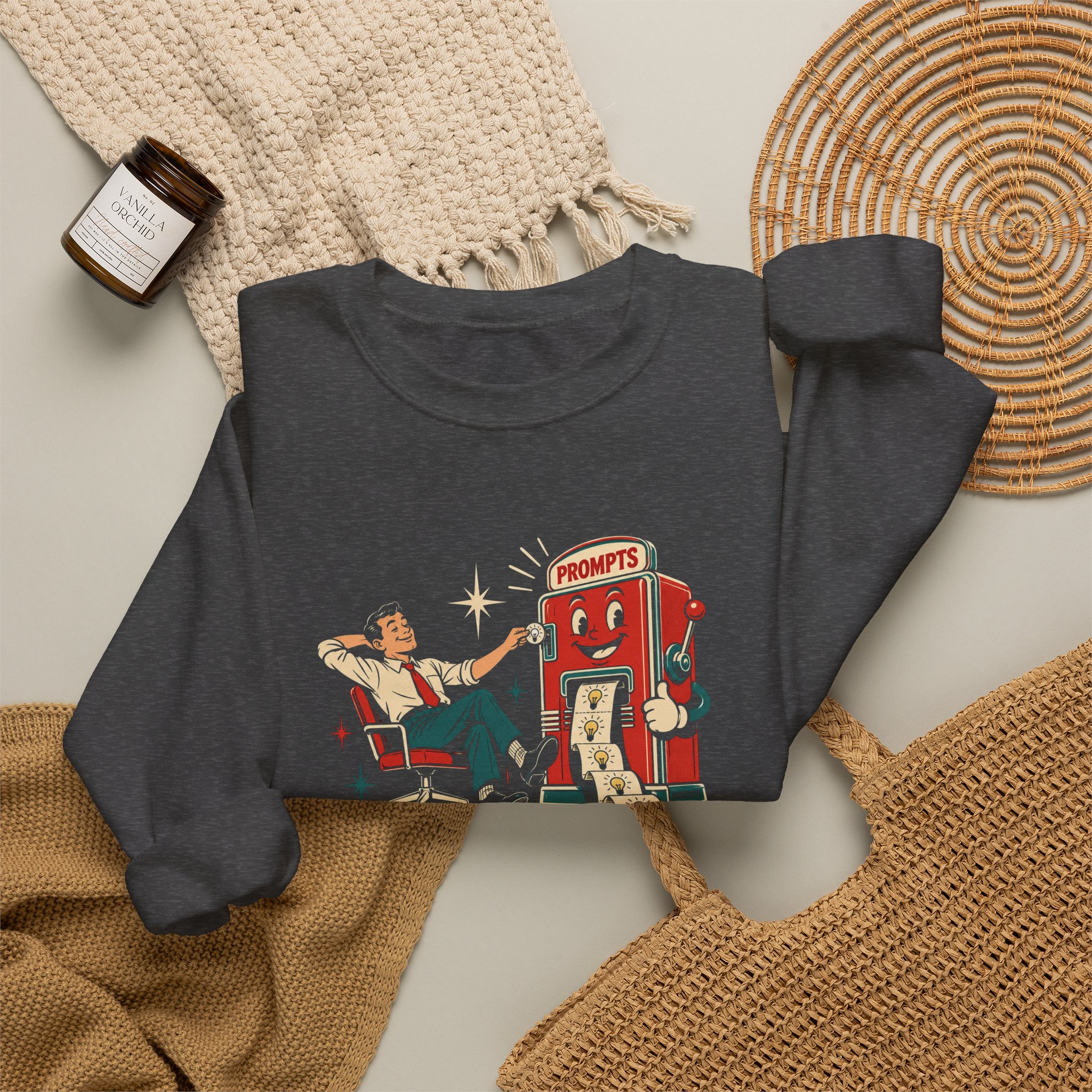 Prompt Machine crewneck sweatshirt in Dark Heather, folded 2