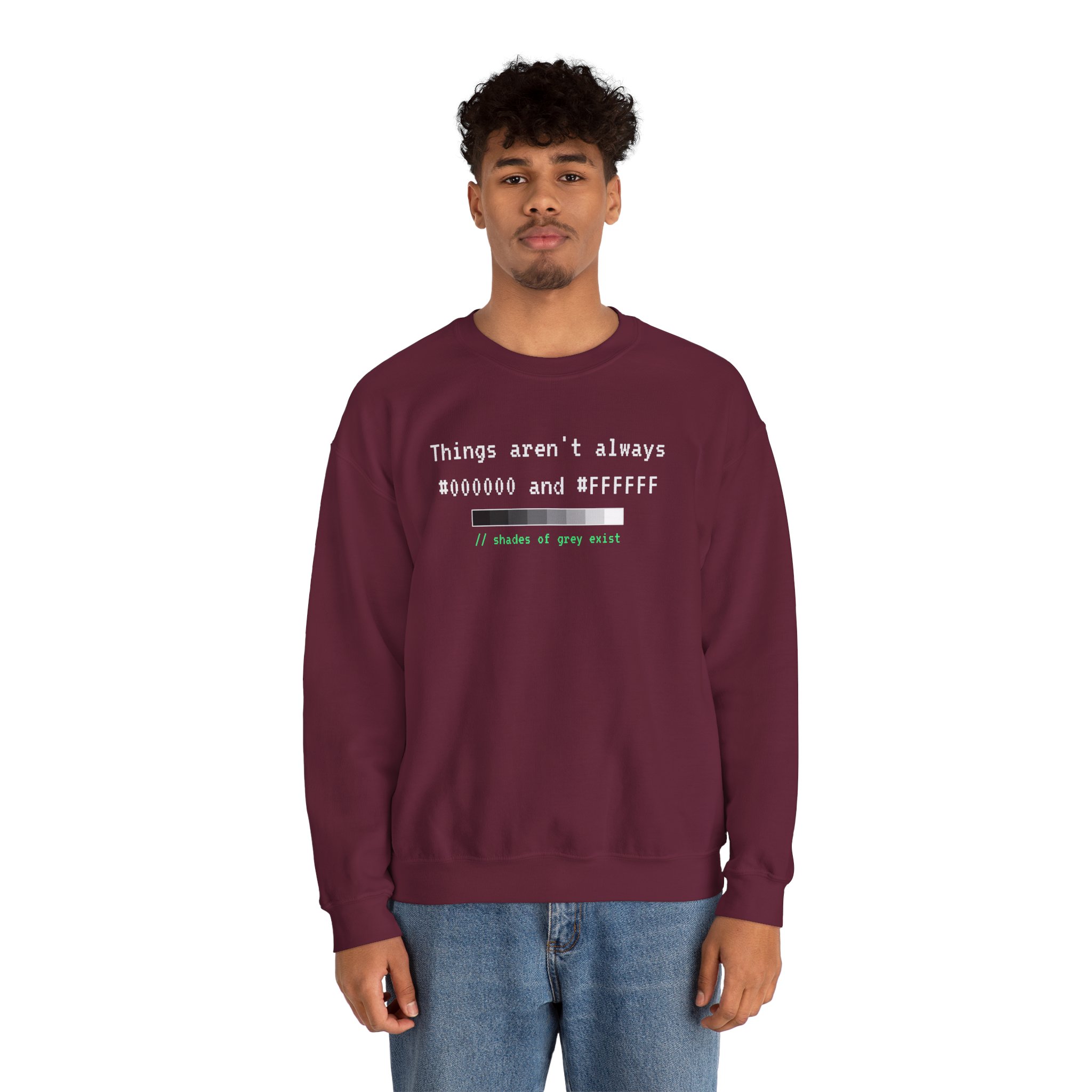 Shades of Grey Exist crewneck sweatshirt in Maroon, worn by a model, second view