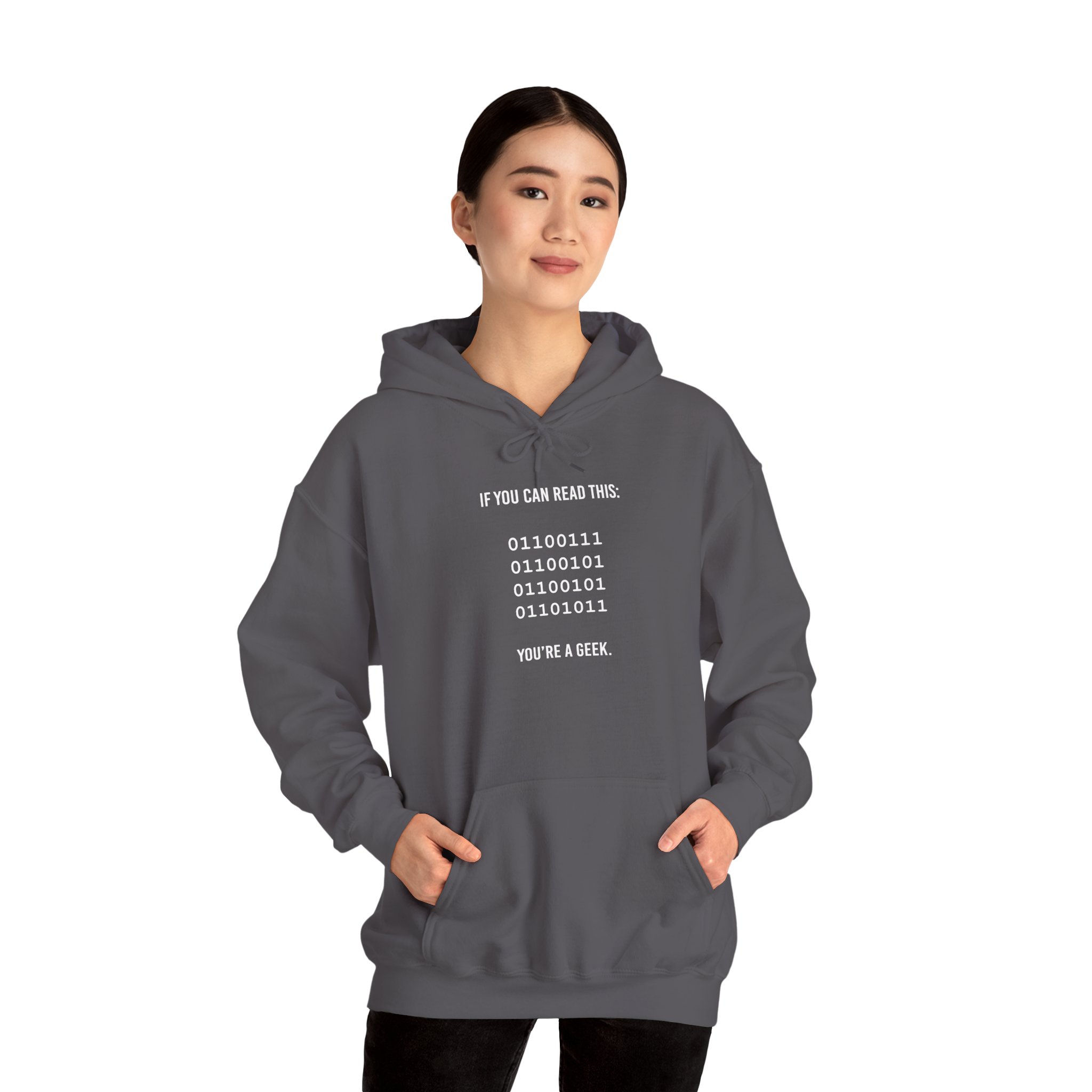 Geek Binary Code hoodie in Charcoal, worn by a model