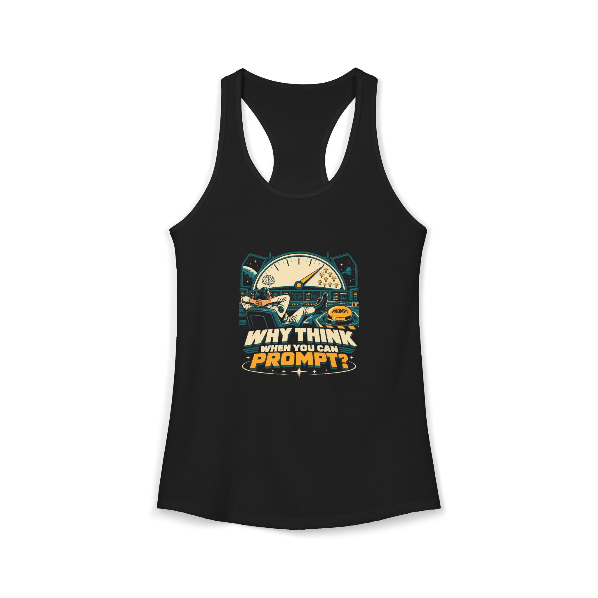 Prompt Mission Control women's racerback tank in Solid Black, front 2