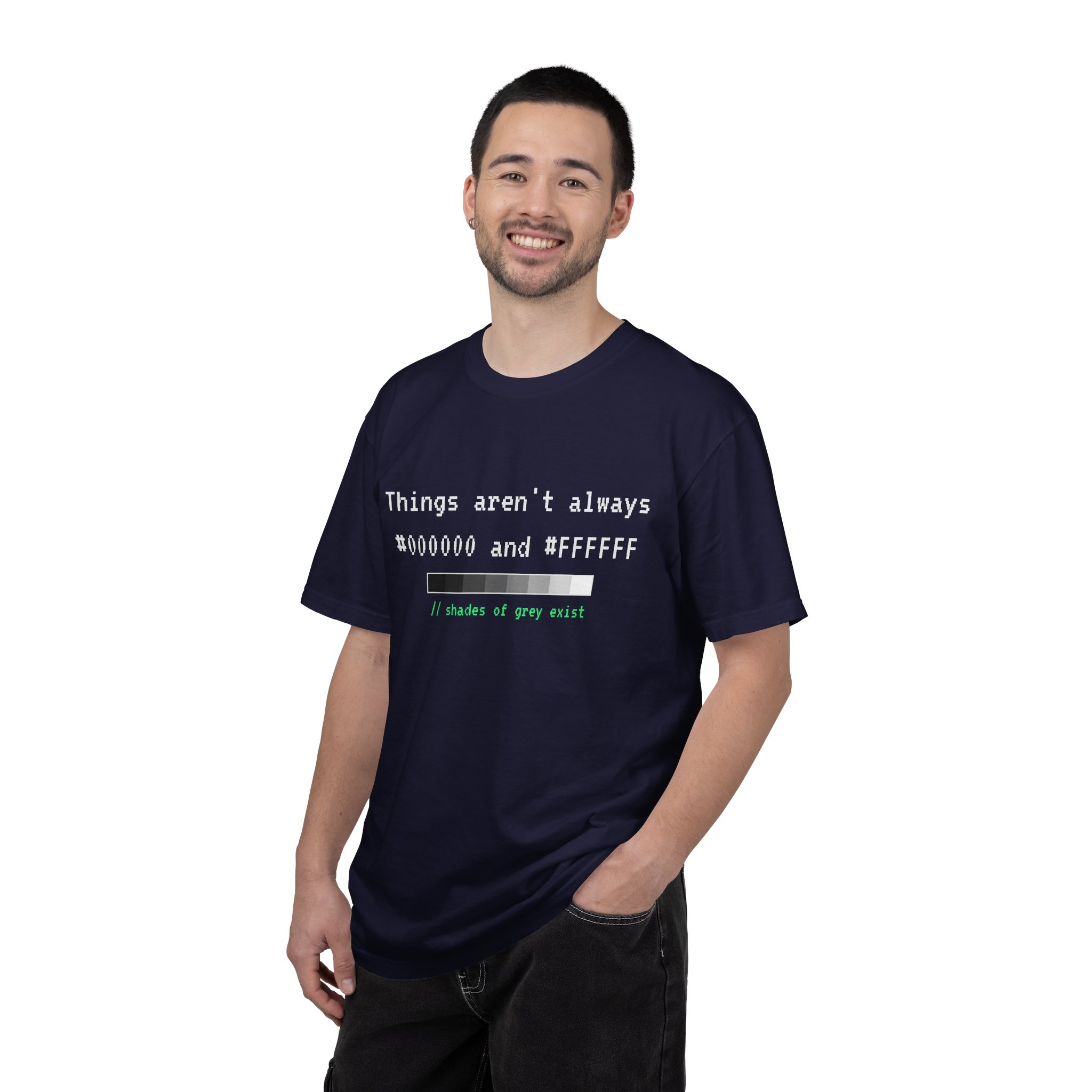 Shades of Grey Exist T-shirt in True Navy, worn by a man