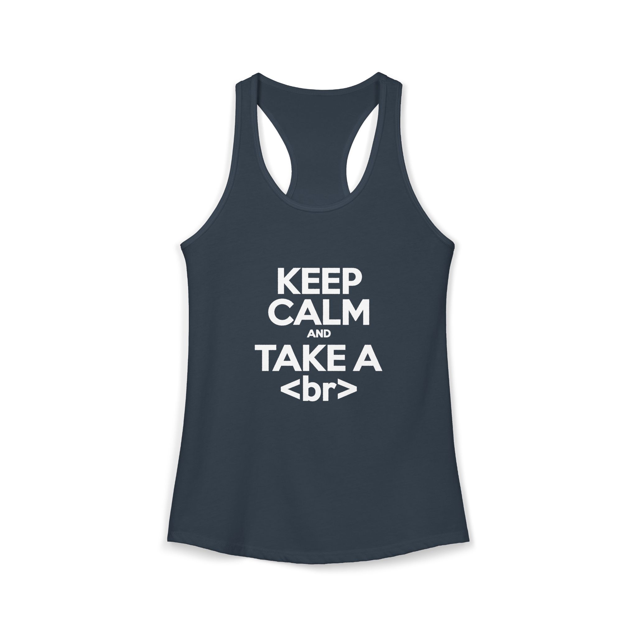 Keep Calm and Take a Break women's racerback tank in Solid Indigo, front 2