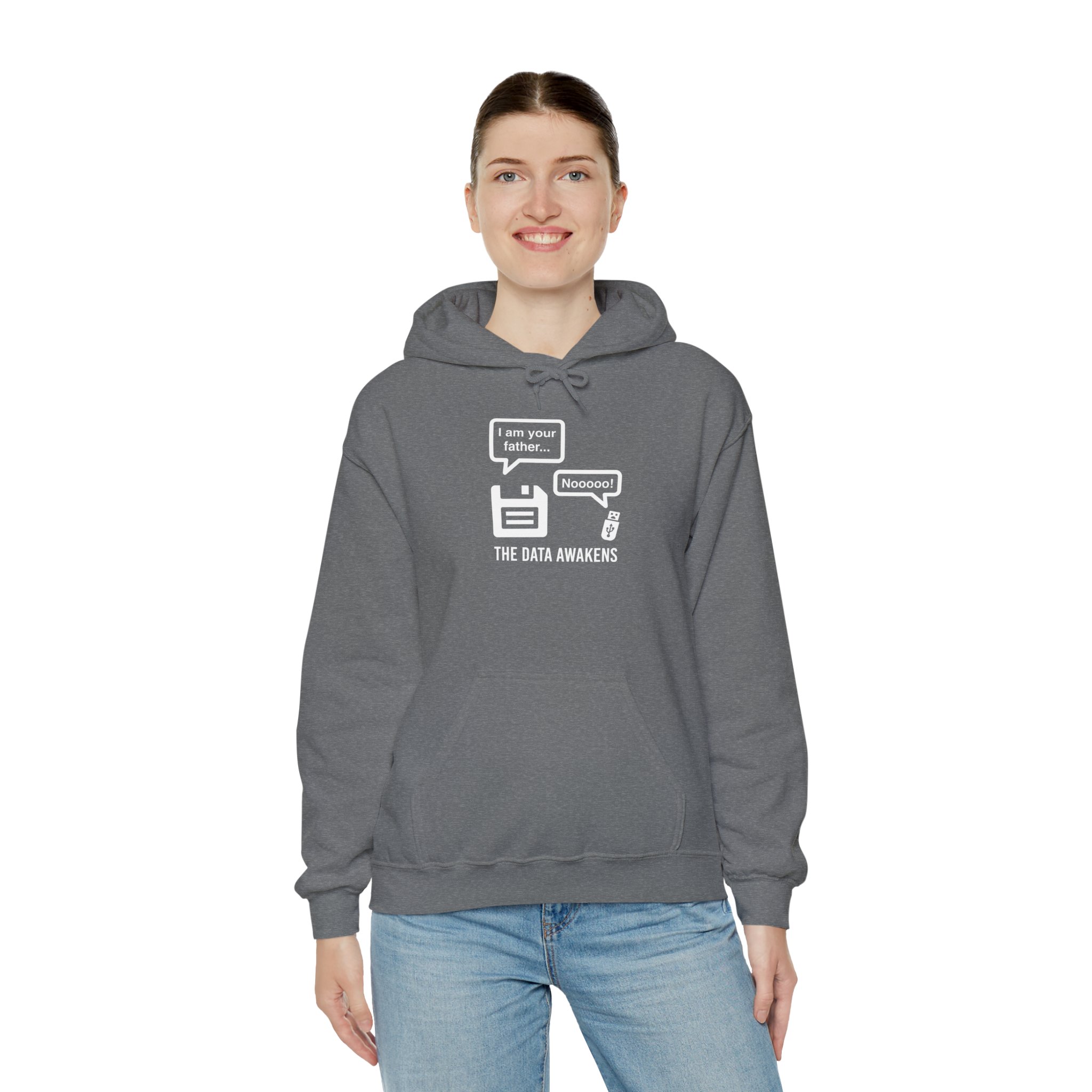 The Data Awakens hoodie in Graphite Heather, worn by a model, third view