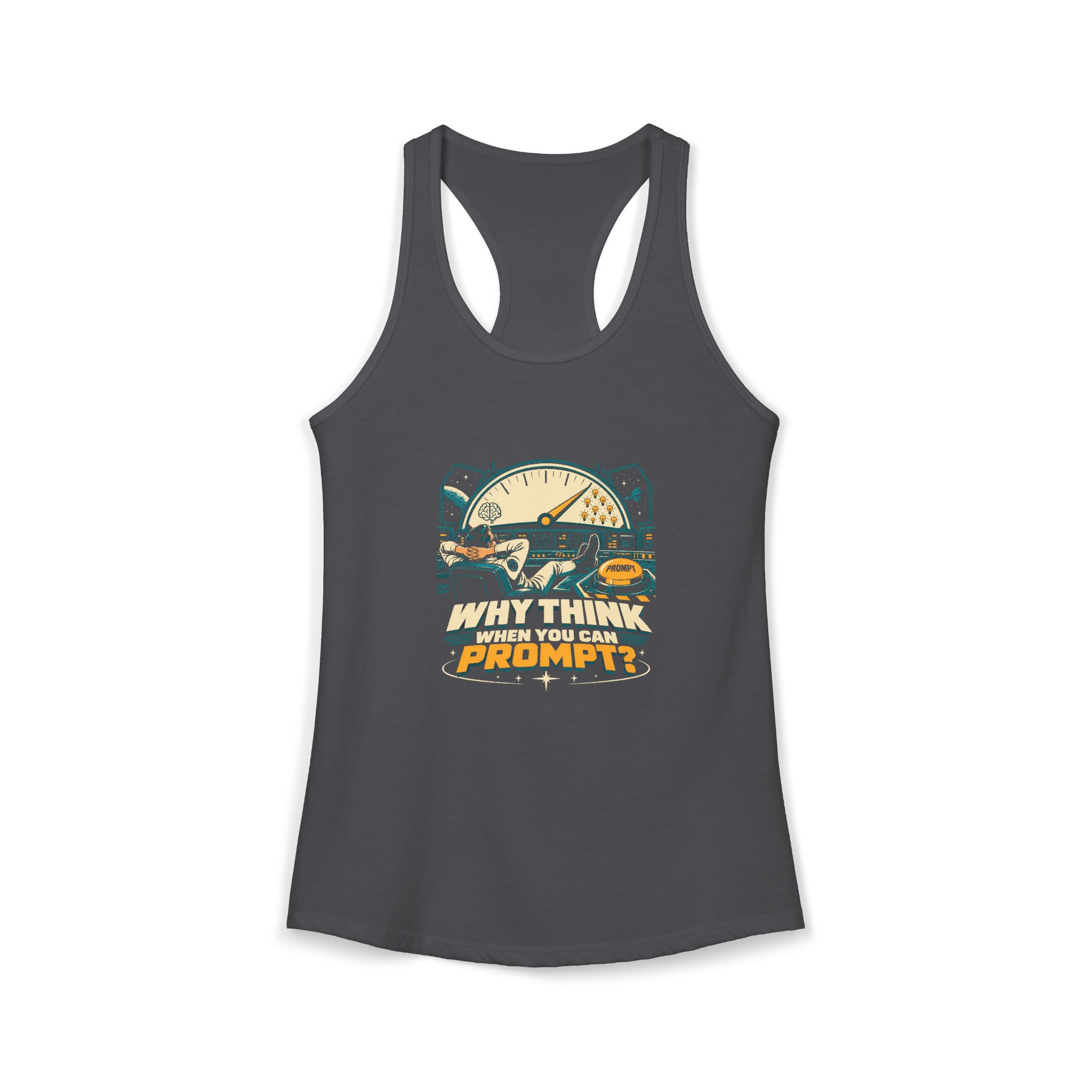 Prompt Mission Control women's racerback tank in Solid Dark Gray, front 2