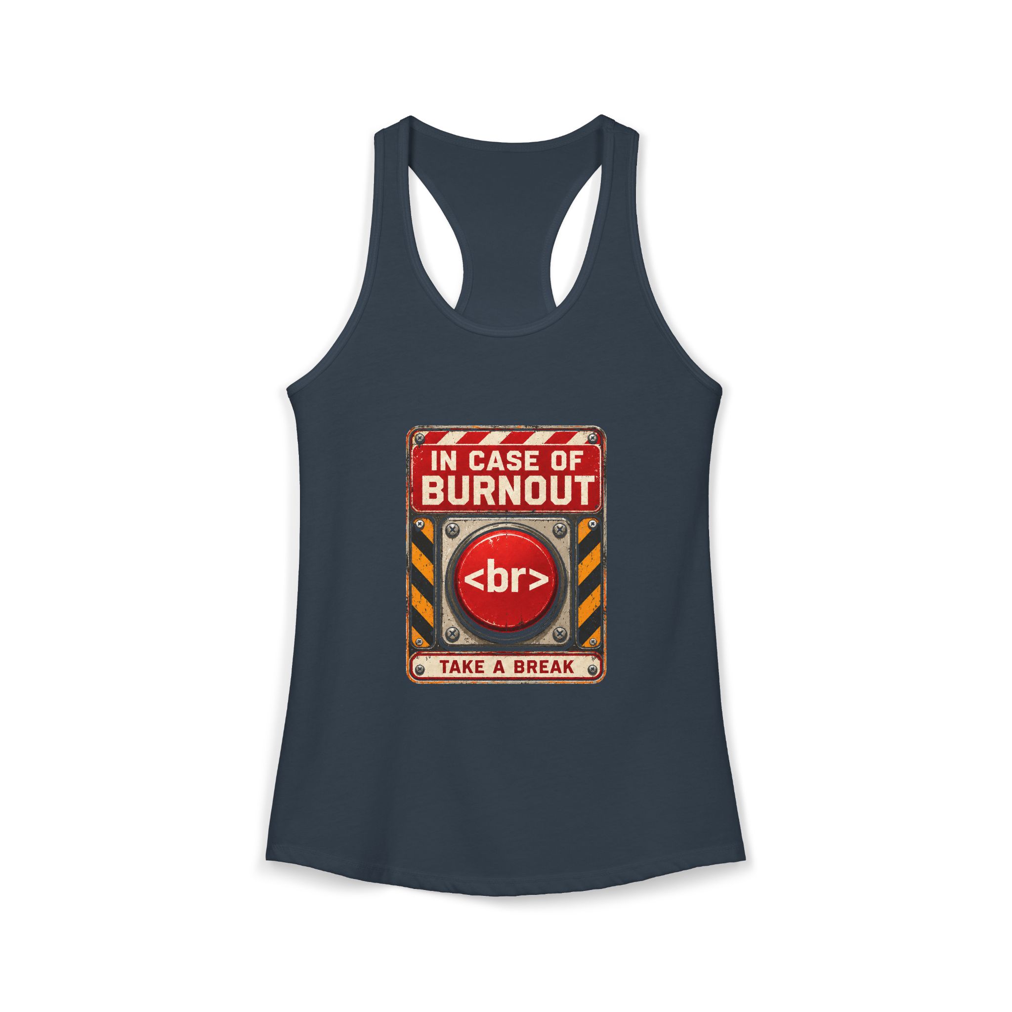In Case of Burnout women's racerback tank in Solid Indigo, front 2