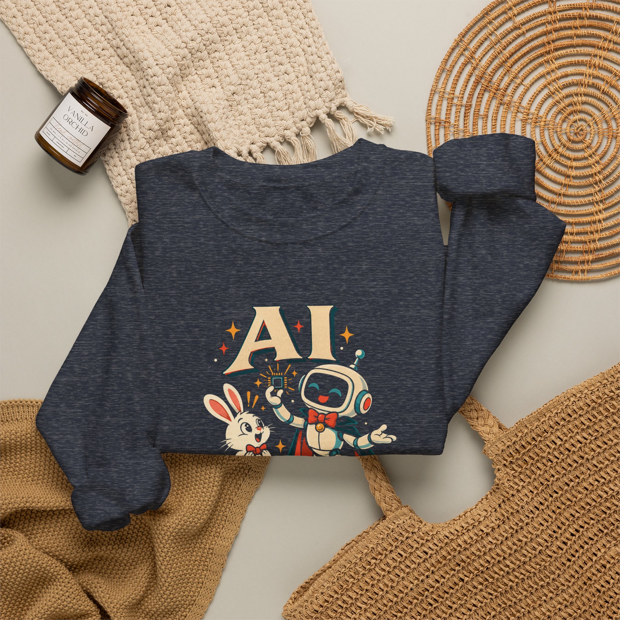 AI Magic Bunny crewneck sweatshirt in Heather Sport Dark Navy, folded 2