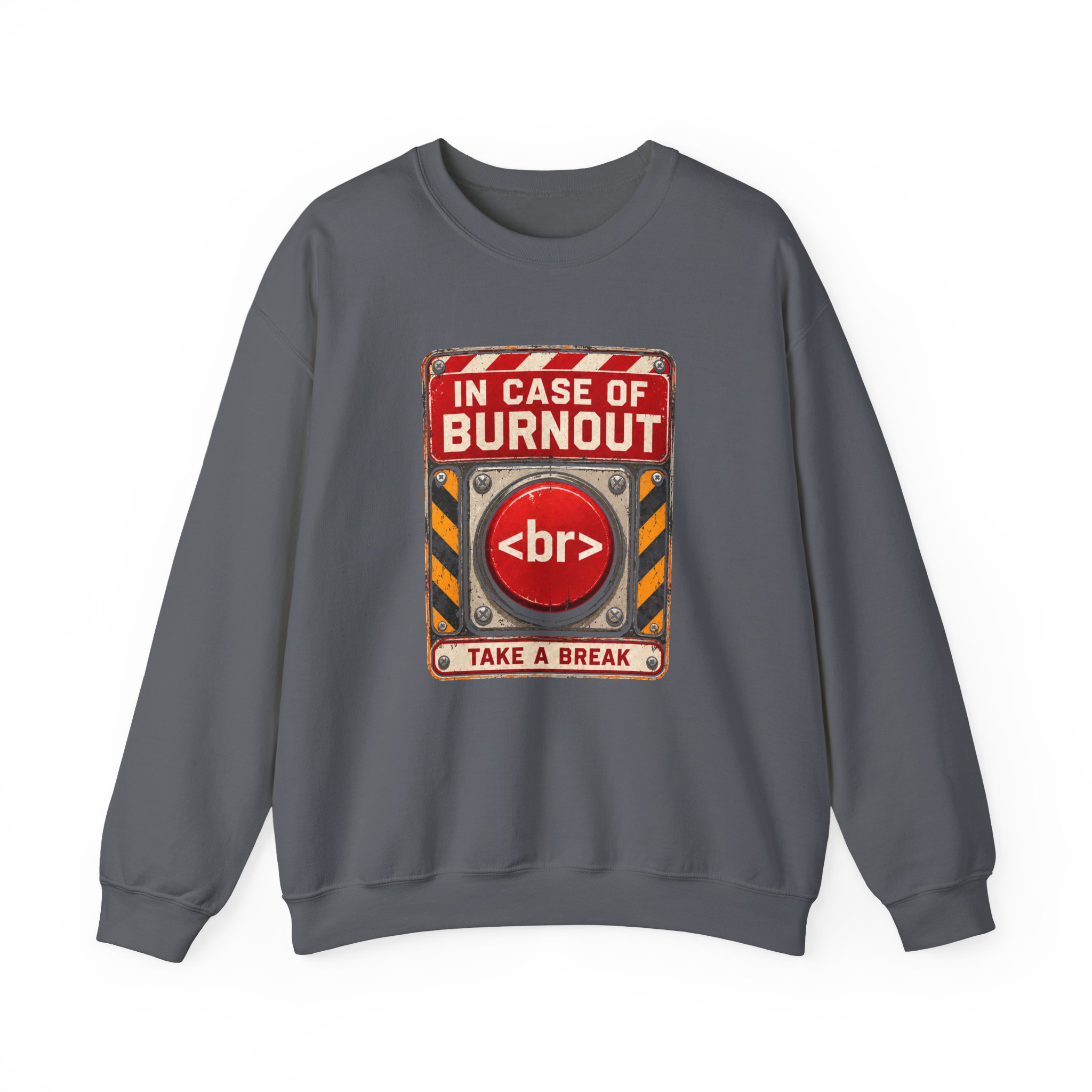 In Case of Burnout crewneck sweatshirt in Charcoal, front view