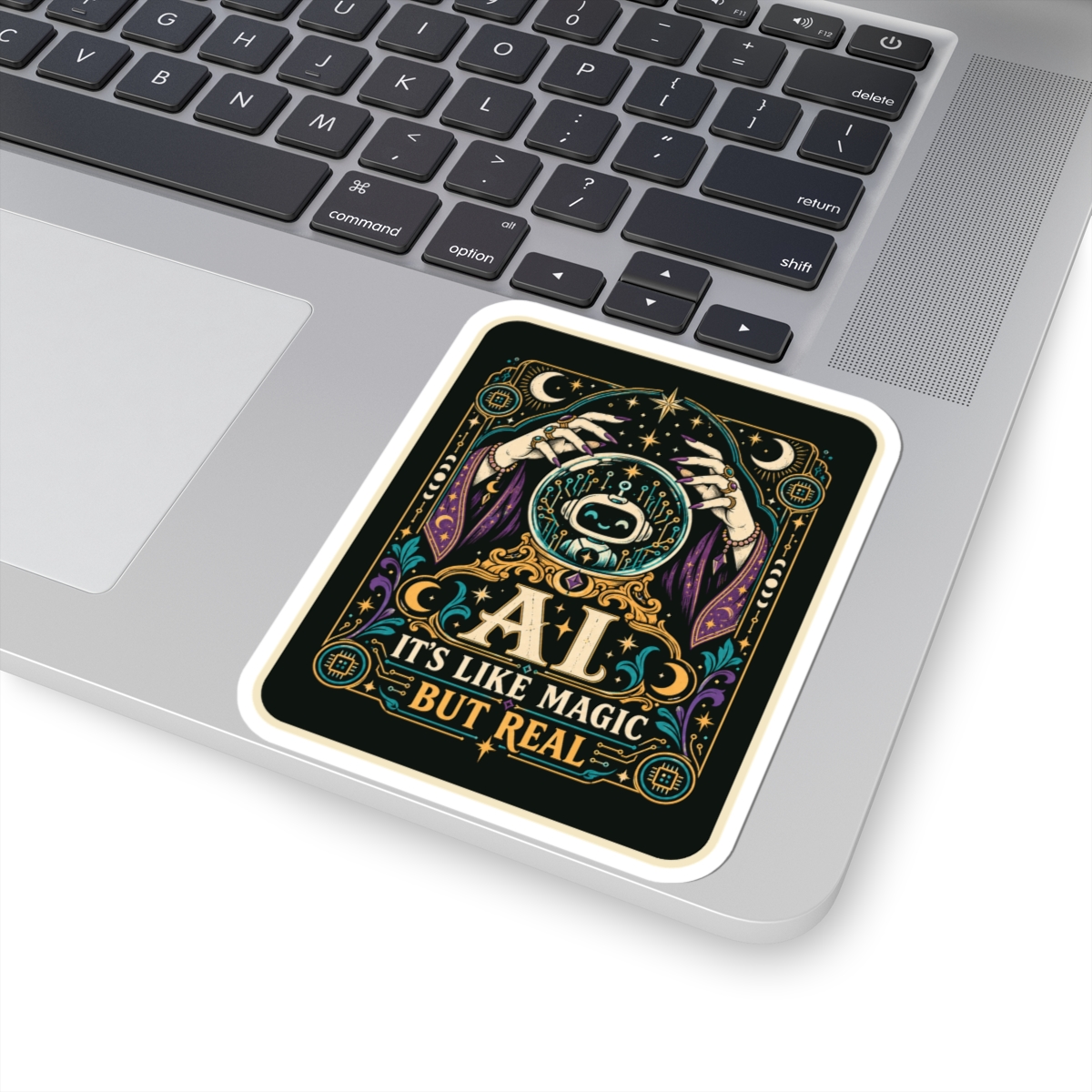 AI Magic Crystal Ball sticker, 4 inch, on a laptop