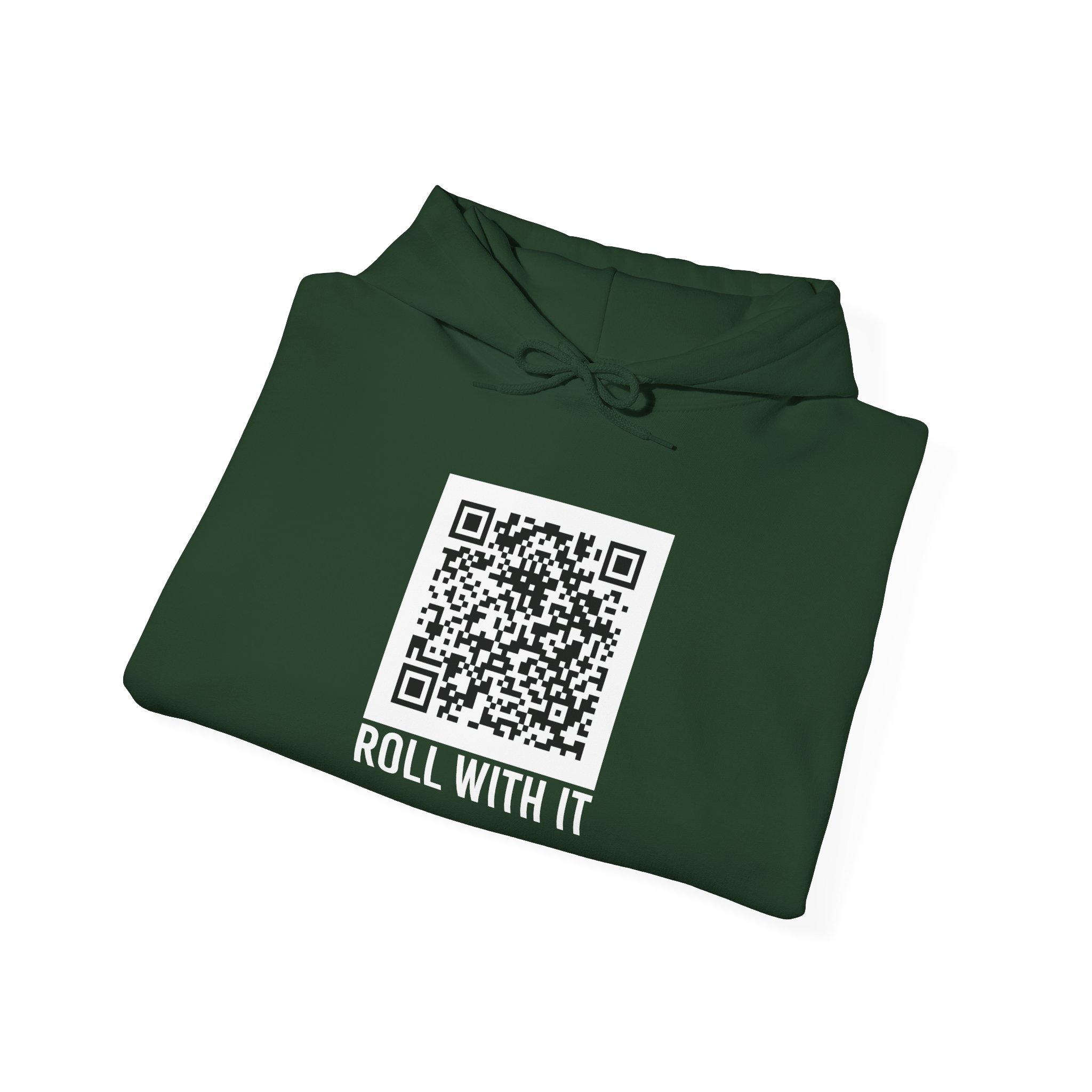 Roll With It QR Code hoodie in Forest Green, folded