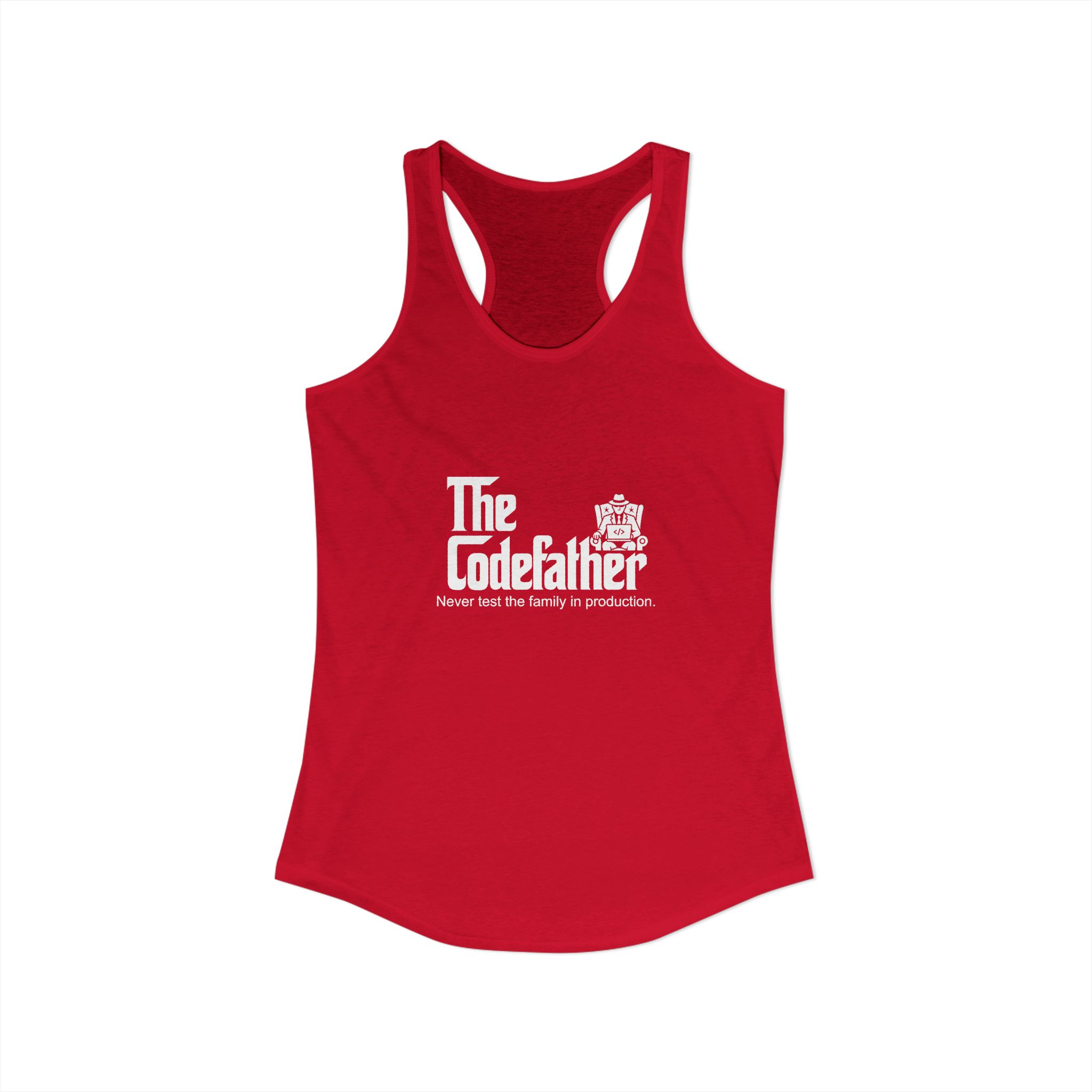 The Codefather women's racerback tank in Solid Red, front view