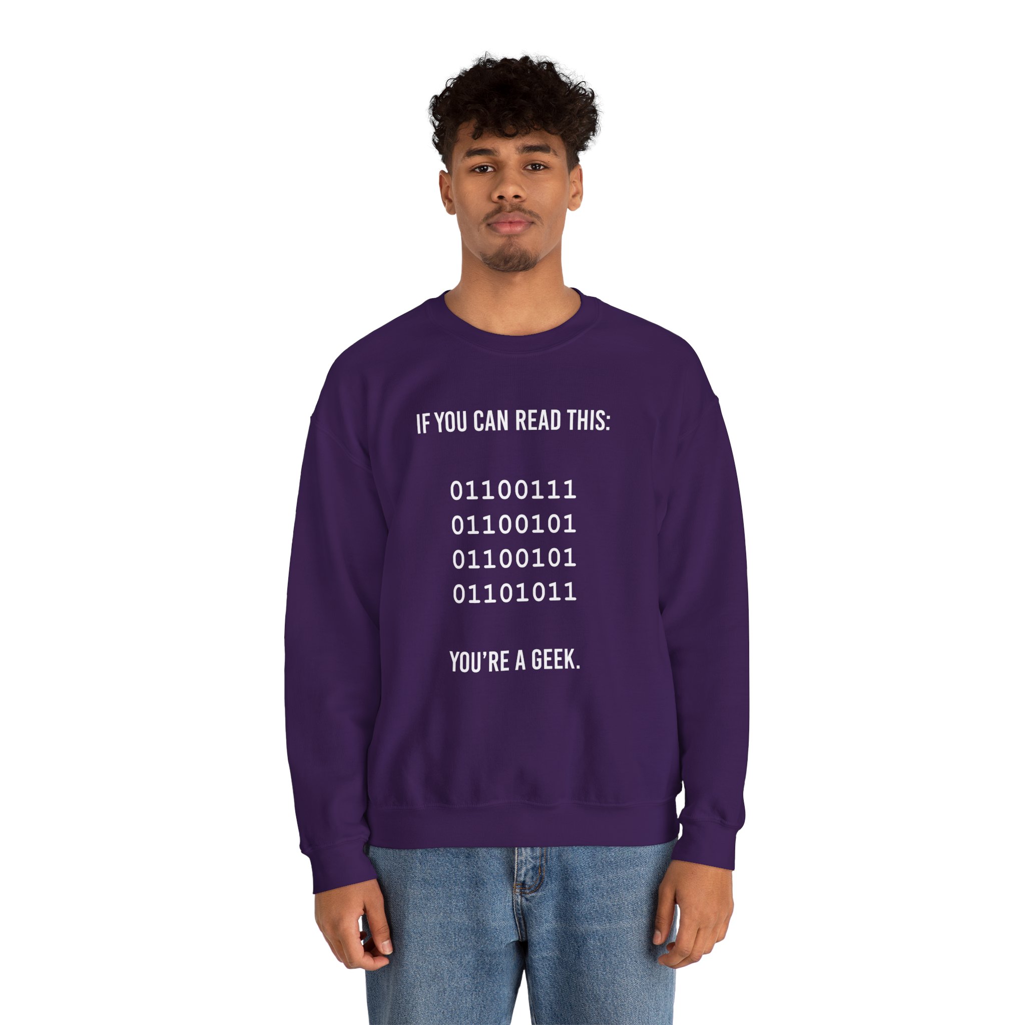 Geek Binary Code crewneck sweatshirt in Purple, worn by a model, second view