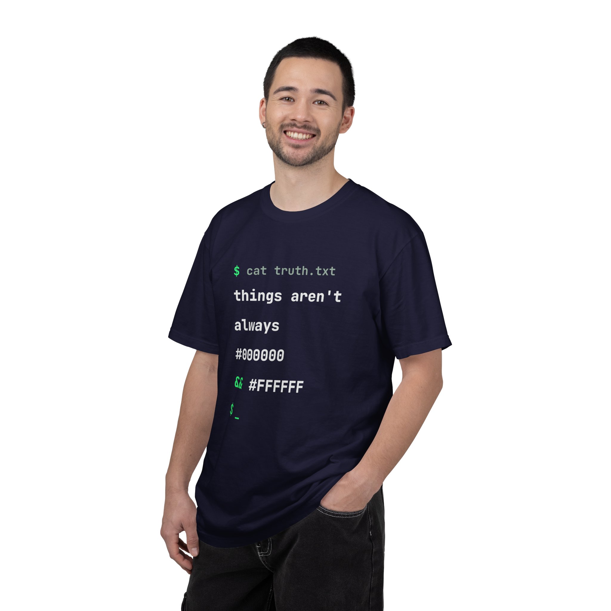 cat truth.txt T-shirt in True Navy, worn by a man