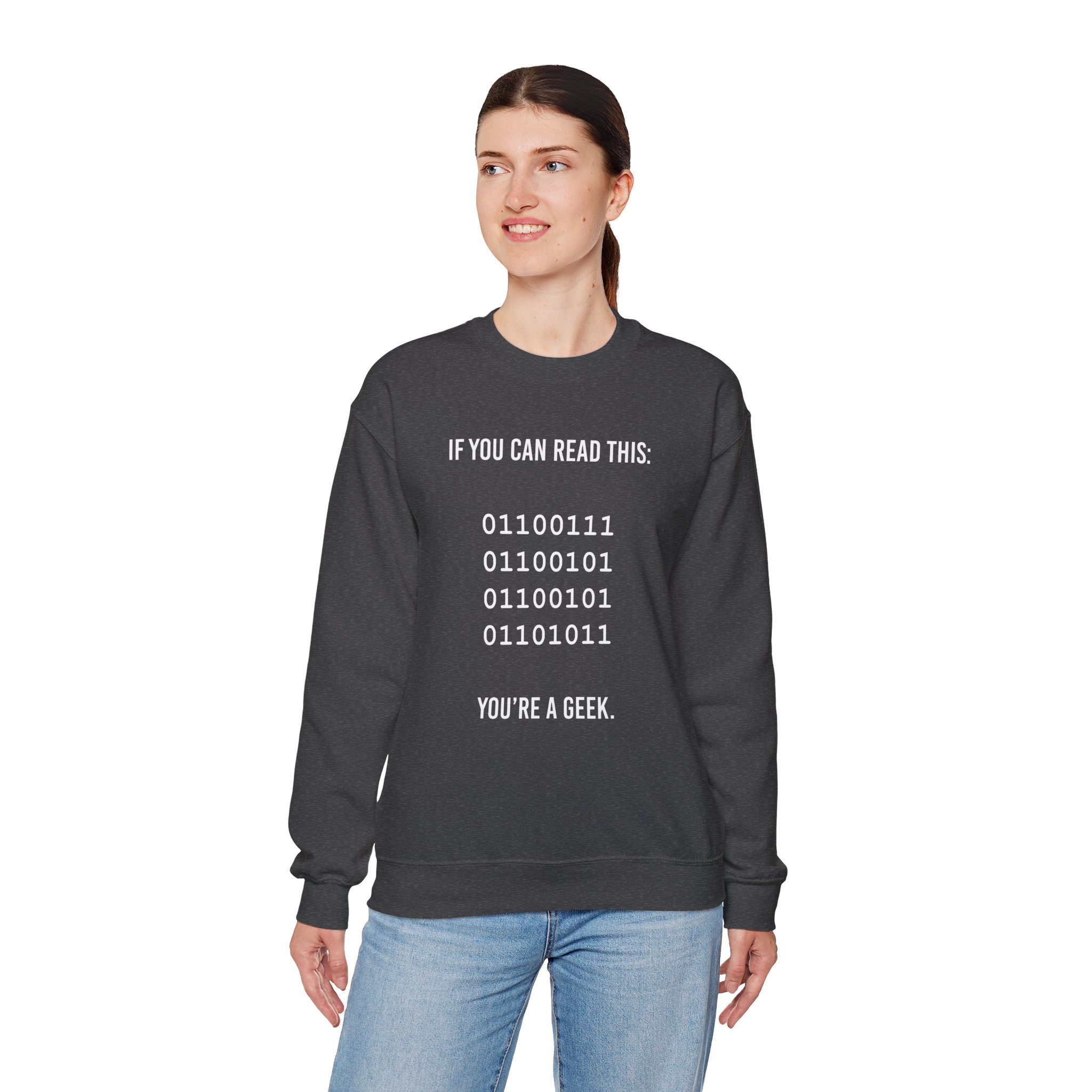 Geek Binary Code crewneck sweatshirt in Dark Heather, worn by a model, fourth view