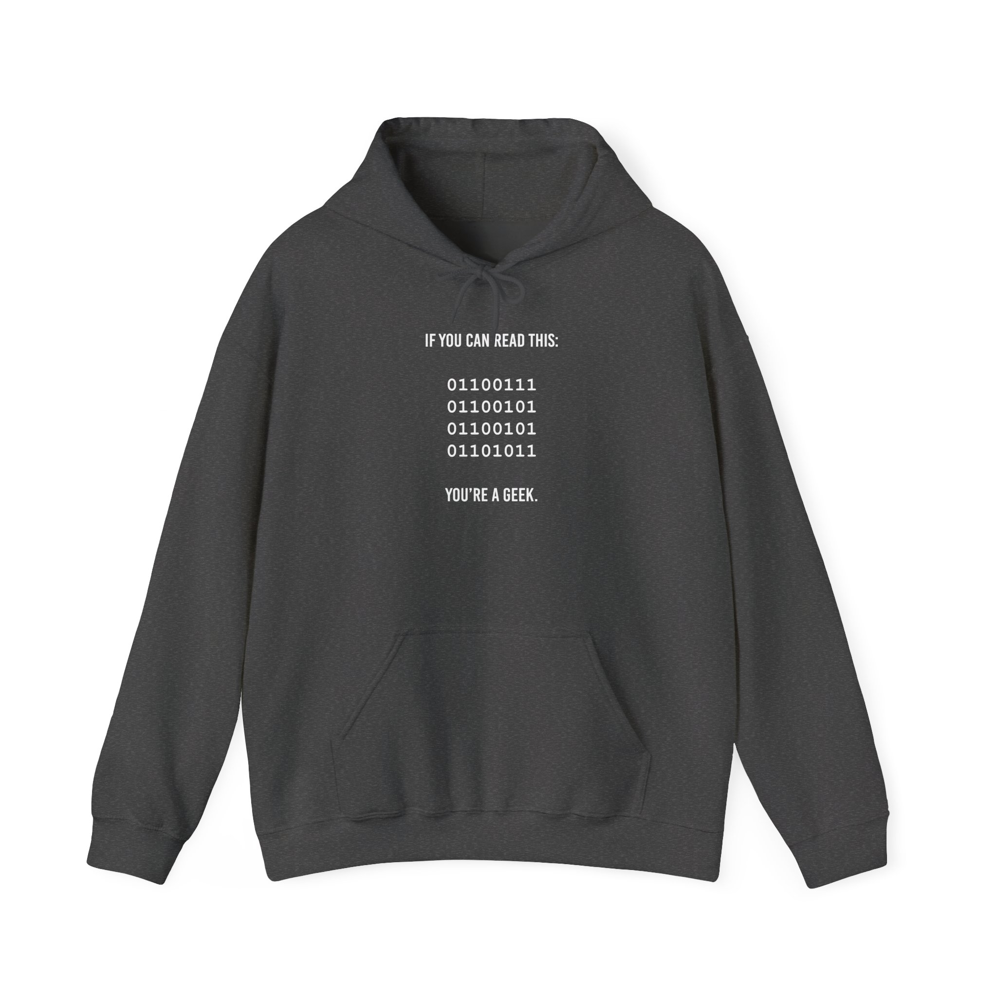 Geek Binary Code hoodie in Dark Heather, front view
