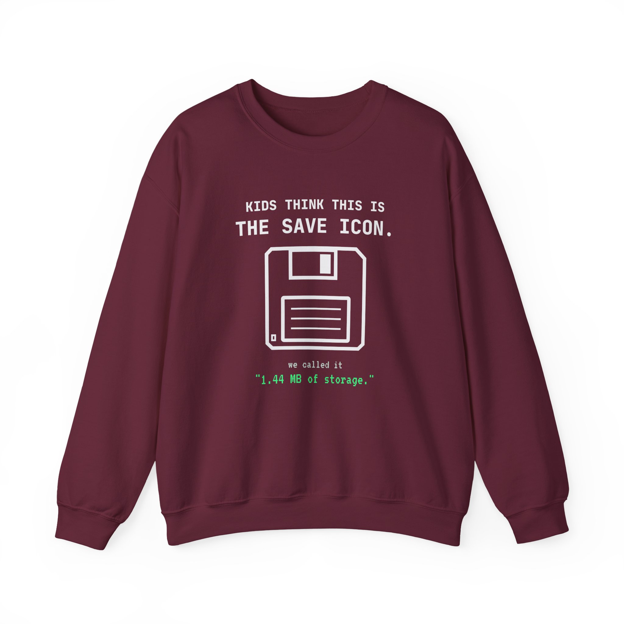 The Original Save Icon crewneck sweatshirt in Maroon, front view