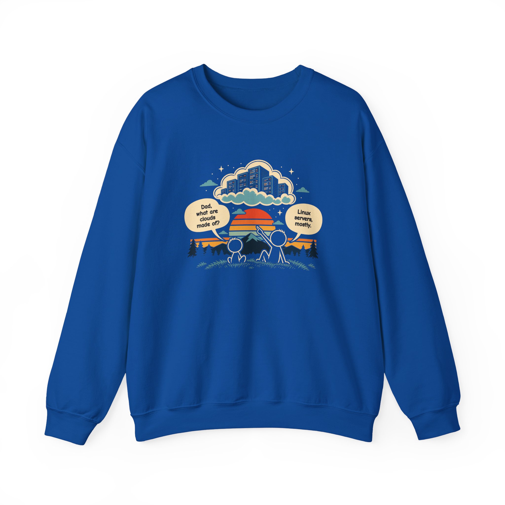 Linux Clouds crewneck sweatshirt in Royal, front view