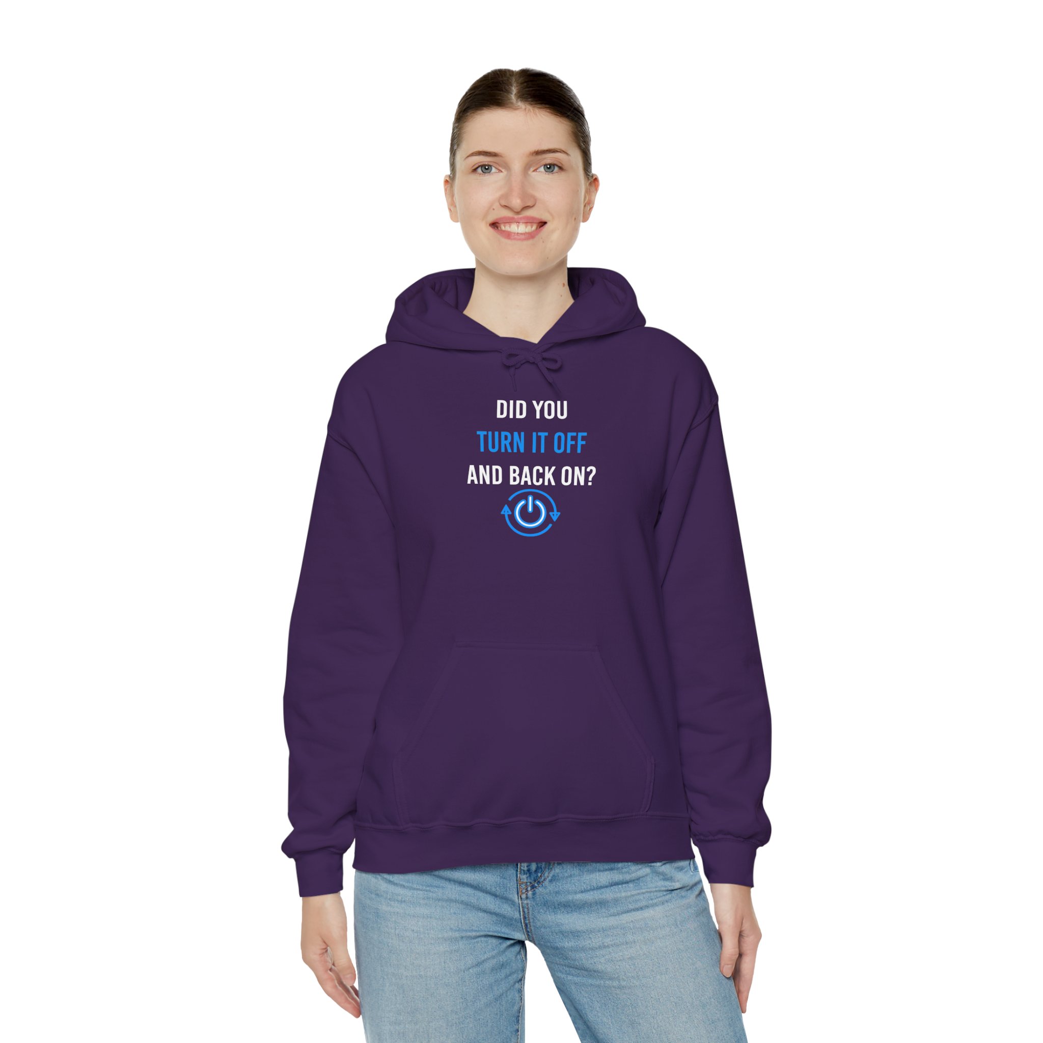 Did You Turn It Off and Back On? hoodie in Purple, worn by a model, third view
