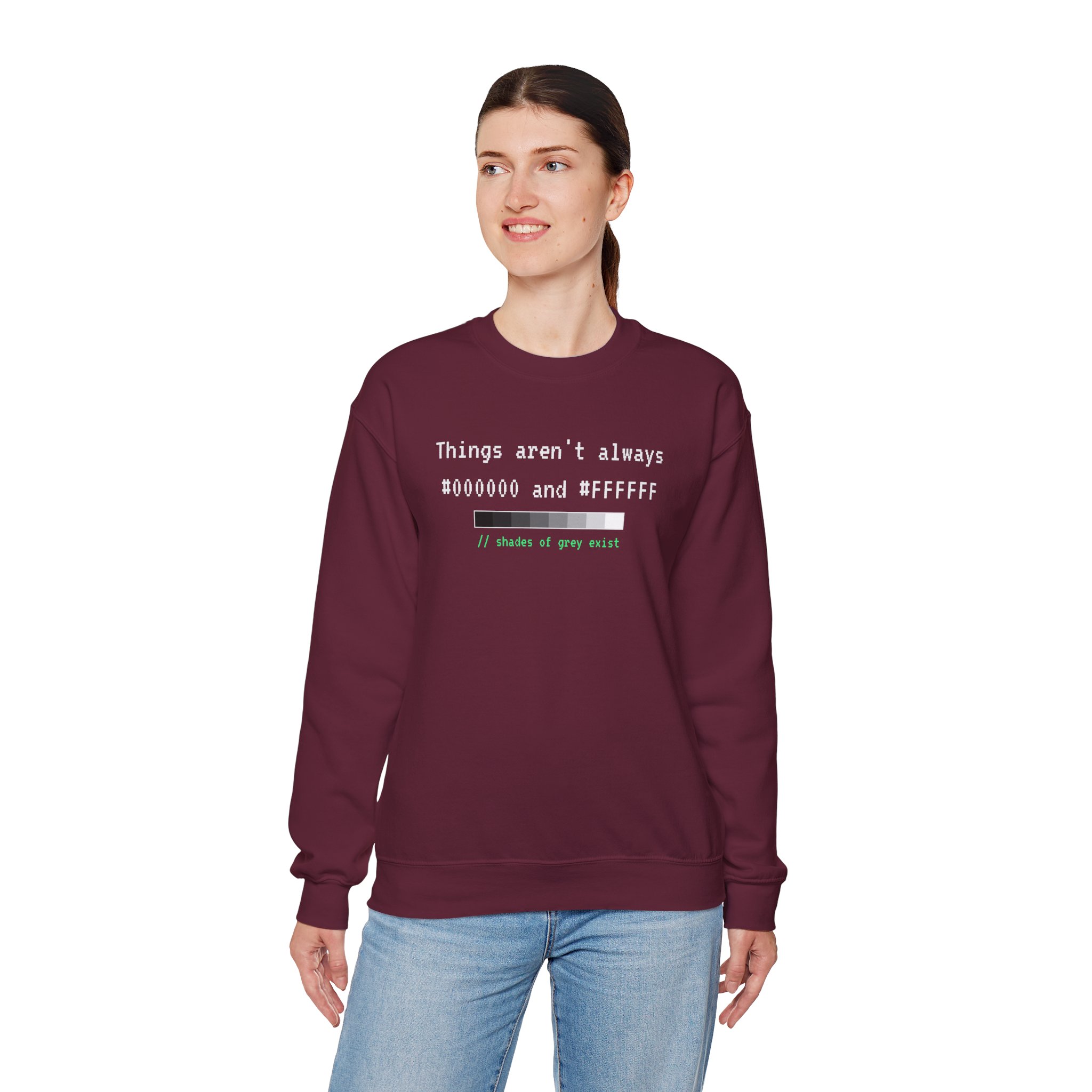 Shades of Grey Exist crewneck sweatshirt in Maroon, worn by a model, fourth view